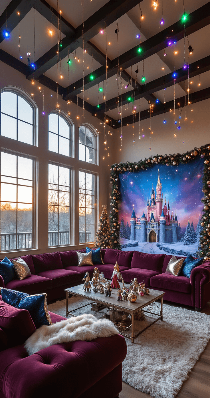 Magical Cosplay Holiday Decor: Transform Your Space into a Festive Wonderland A spacious living room transformed into a cosplay holiday wonderland, featuring multicolored LED lights, a winter fantasy backdrop, and a plush burgundy sectional sofa adorned with festive textures and character figurines, all illuminated by golden hour sunlight.