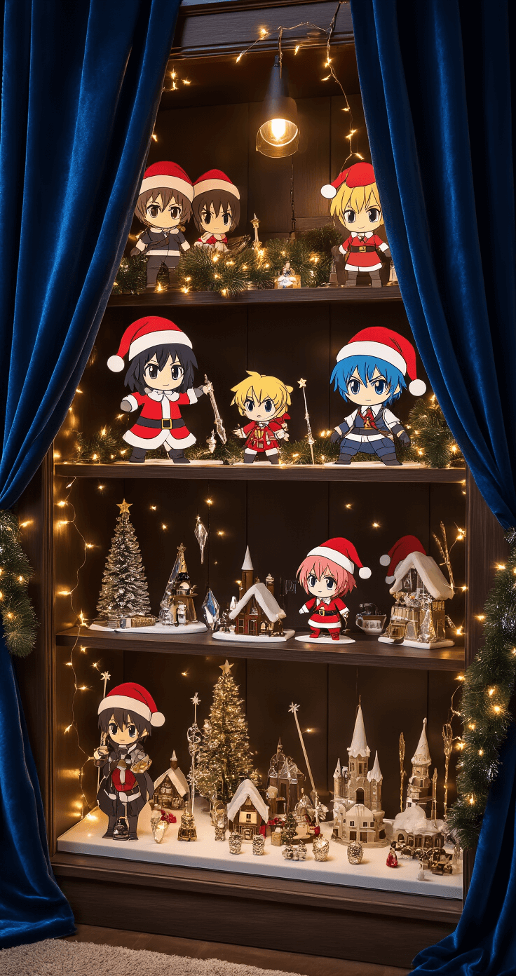 Magical Cosplay Holiday Decor: Transform Your Space into a Festive Wonderland Intimate cosplay holiday decor setup featuring character cutouts in Santa hats, micro-LED lights, and themed seasonal props in a cozy ambiance with warm lighting and rich textures.