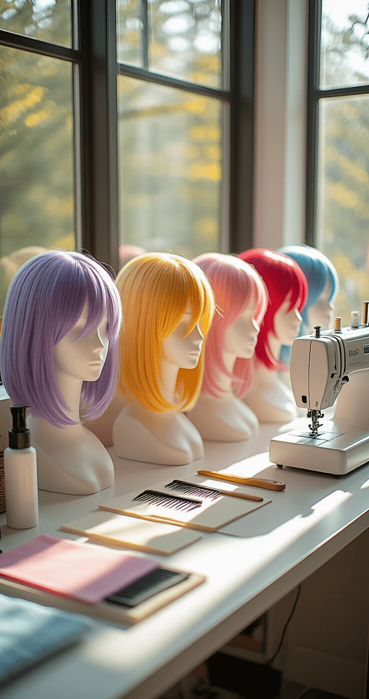 The Ultimate Guide to Anime Cosplay: From Beginner to Pro A bright, airy cosplay workspace with tall windows illuminating a white desk adorned with vibrant anime wigs on styrofoam heads, neatly arranged wig combs, styling products, foam sheets, and a professional sewing machine, all set against soft afternoon sunlight creating gentle shadows and highlighting fabric textures.