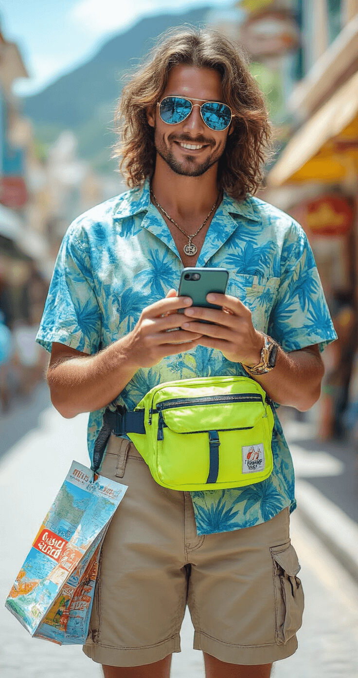 10 Genius Last-Minute Halloween Costumes (Using What's Already in Your Closet!) A tourist at a sun-drenched street corner checks a phone map, wearing a vibrant blue and green Hawaiian shirt, khaki cargo shorts, a retro neon fanny pack, and oversized aviator sunglasses, with a city map, water bottle, and souvenir shopping bags scattered around them. The photo captures an urban environment in bright midday lighting from street level.