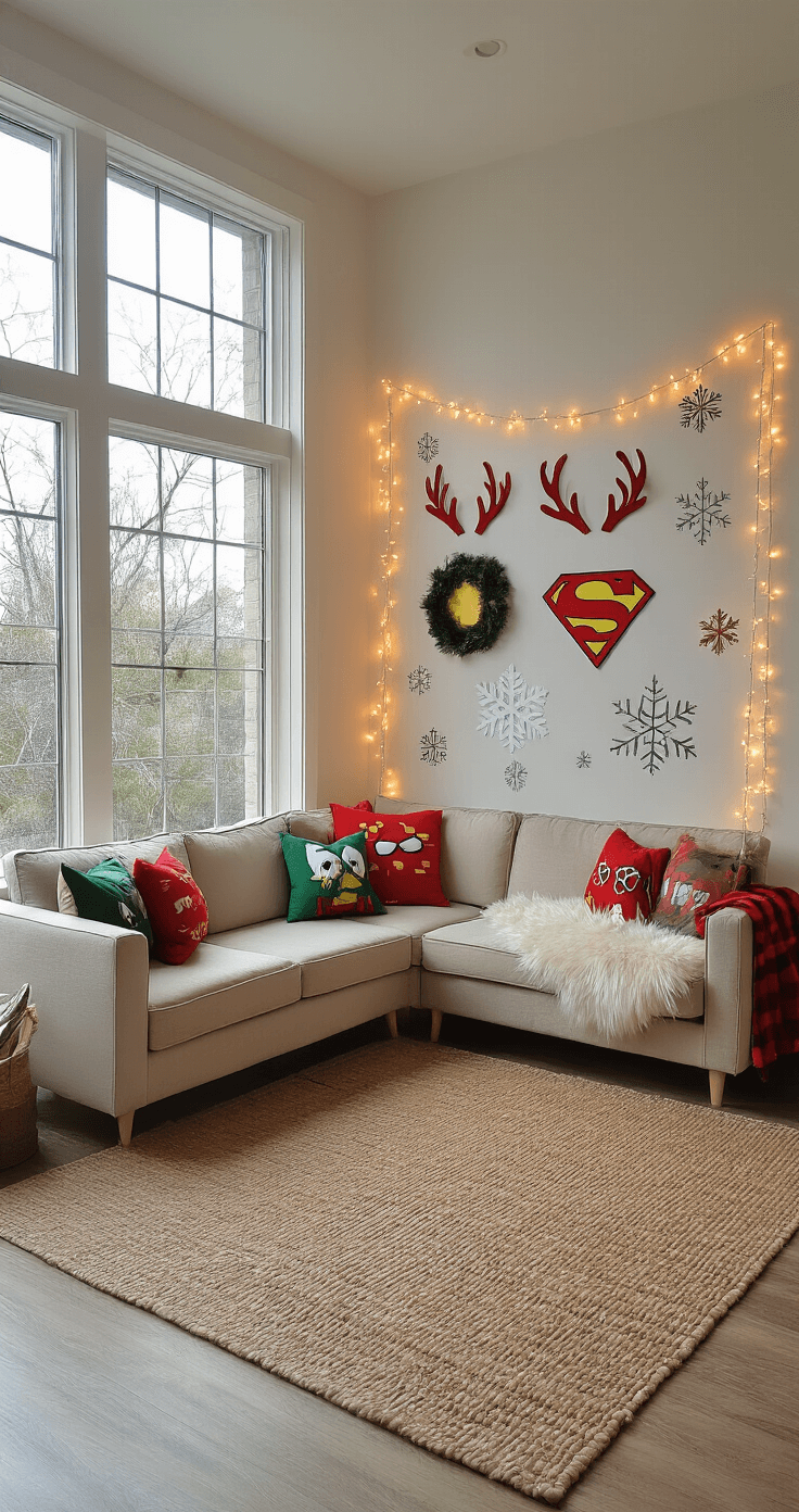 Magical Cosplay Holiday Decor: Transform Your Space into a Festive Wonderland A spacious open-plan living area with natural daylight flooding through large windows, featuring repurposed furniture adorned with holiday cosplay accessories, including themed throw pillows and reindeer antlers. A DIY backdrop of removable holiday decals adds charm, while layered rugs and a festive color palette enhance the cozy atmosphere.