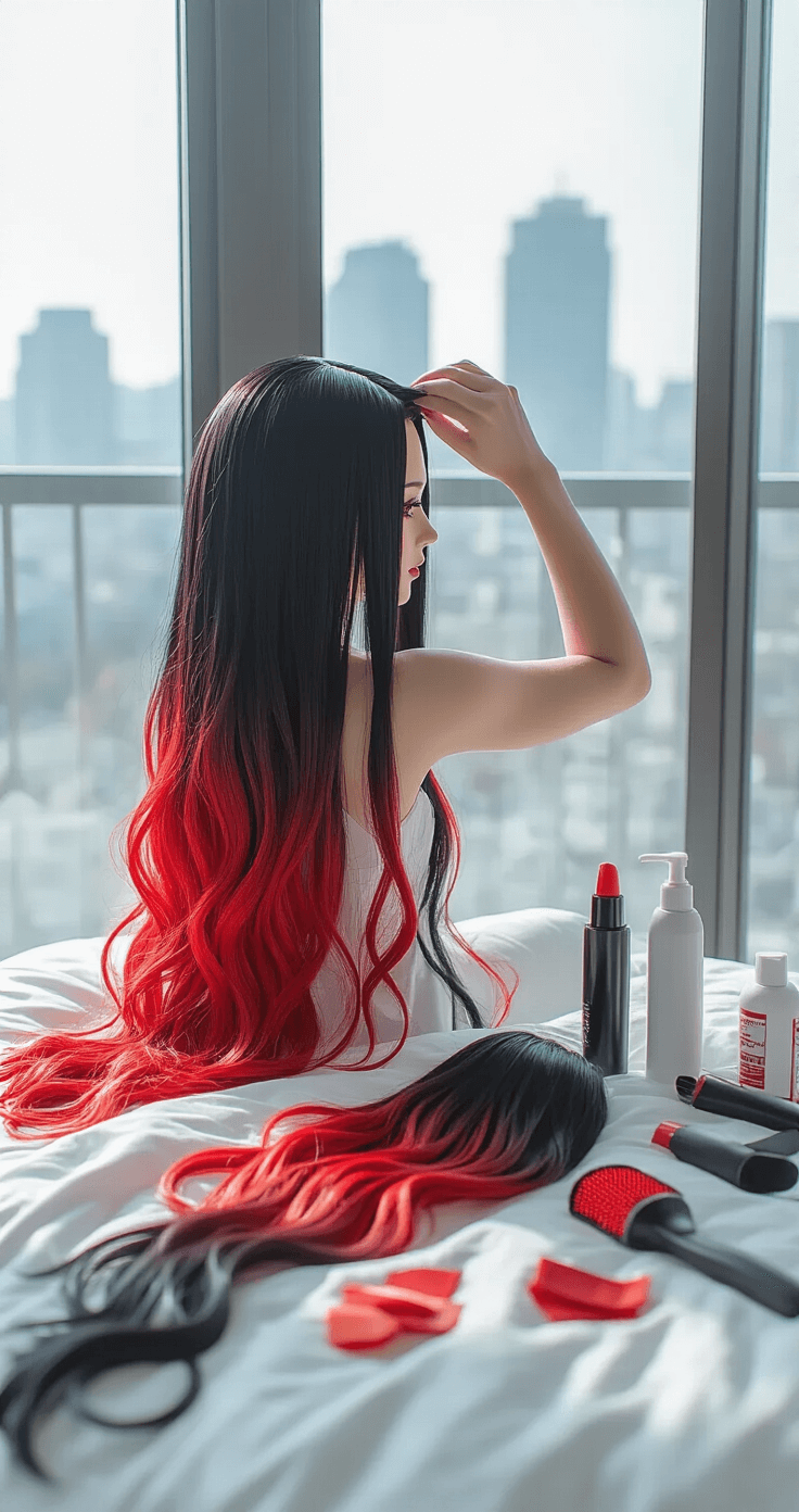 10 Must-Have Black Hair Cosplay Characters & Styling Tips Cosplayer working on Nezuko's ombre wig in a modern bedroom with large windows, natural light illuminating the gradient colors; hands are expertly blending textures and colors on a professional wig stand surrounded by styling products and clip-in extensions on a white duvet.