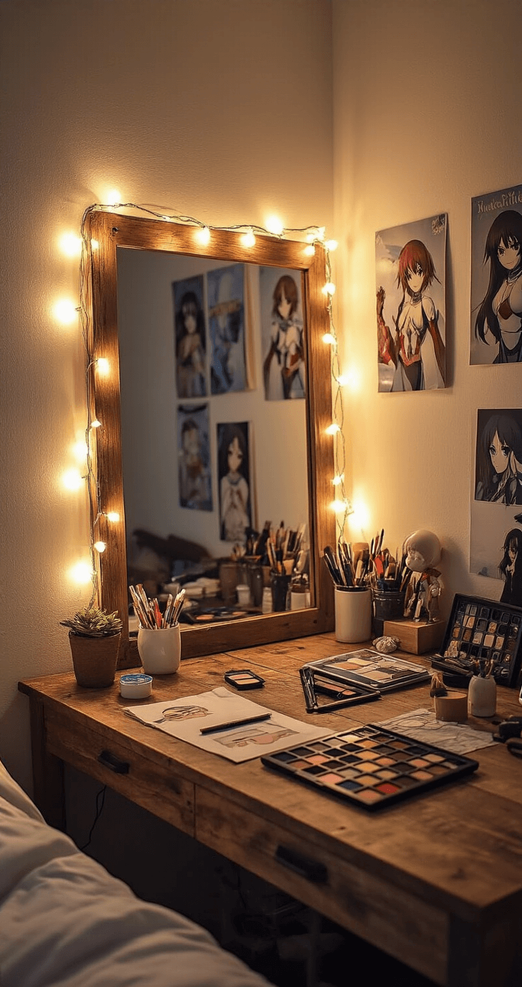 The Ultimate Guide to Anime Cosplay: From Beginner to Pro A cozy DIY cosplay station in a bedroom corner, illuminated by string lights, featuring a rustic wooden table with pre-made costume pieces, craft supplies, and beginner makeup palettes, along with a mirror reflecting warm light and character reference photos.