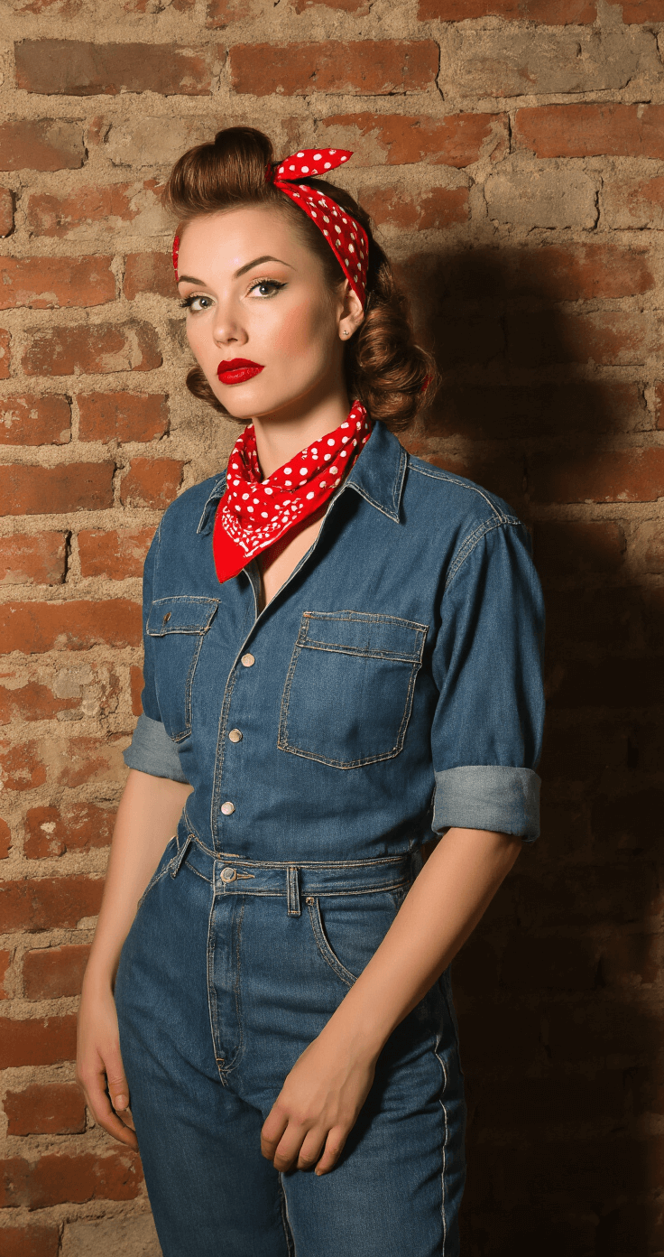 10 Genius Last-Minute Halloween Costumes (Using What's Already in Your Closet!) Model in an industrial-chic studio setting poses powerfully against a distressed brick wall, wearing a denim workwear shirt and a red polka dot bandana, styled with vintage victory rolls and authentic 1940s makeup, highlighted by dramatic side lighting and warm undertones.