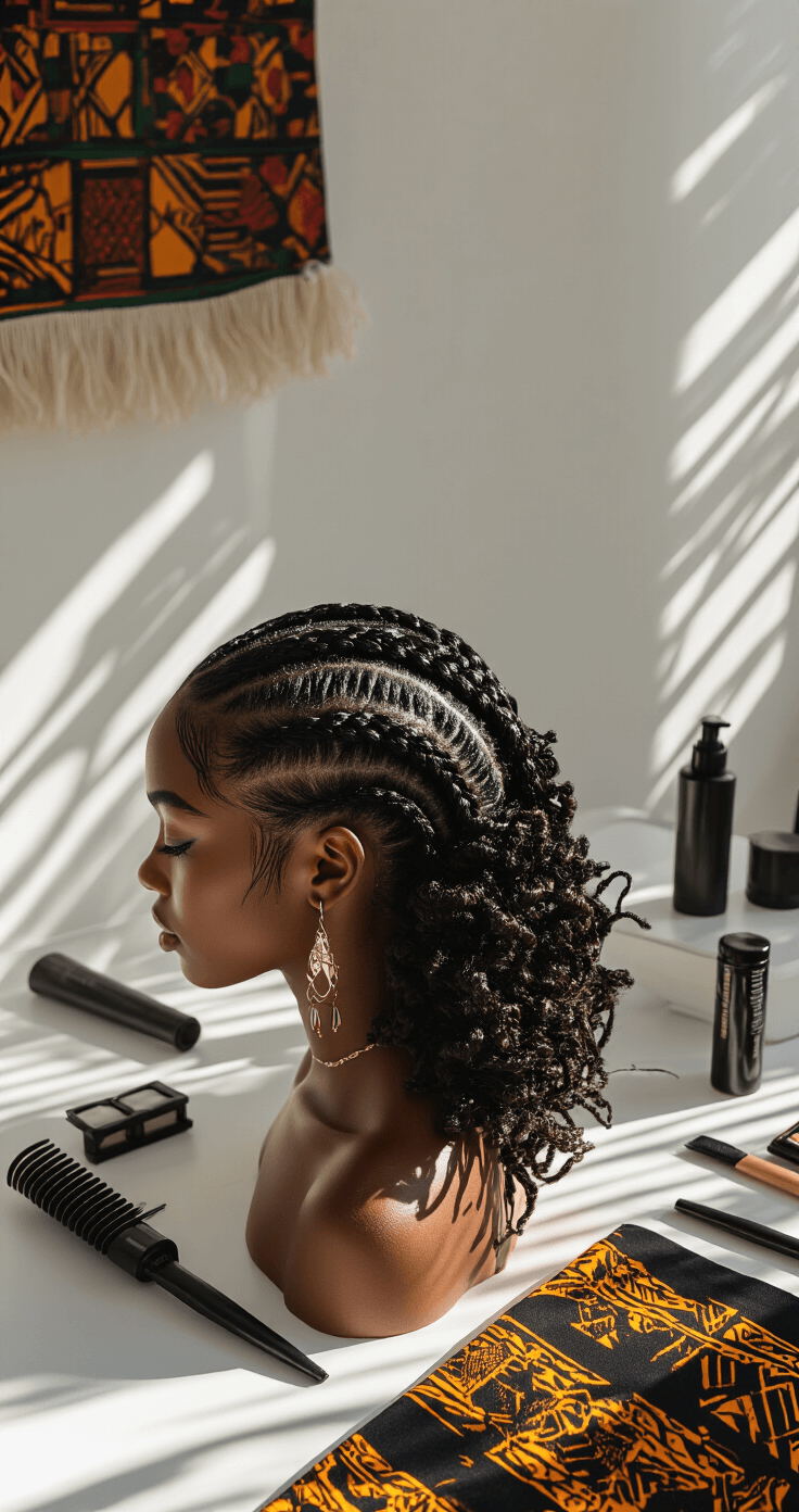 10 Must-Have Black Hair Cosplay Characters & Styling Tips A close-up of a Black Panther-inspired braiding session on natural black hair, featuring meticulously arranged edge control products and styling tools on a minimalist workspace with white walls and African textile accents, illuminated by morning sunlight and professional beauty lighting.