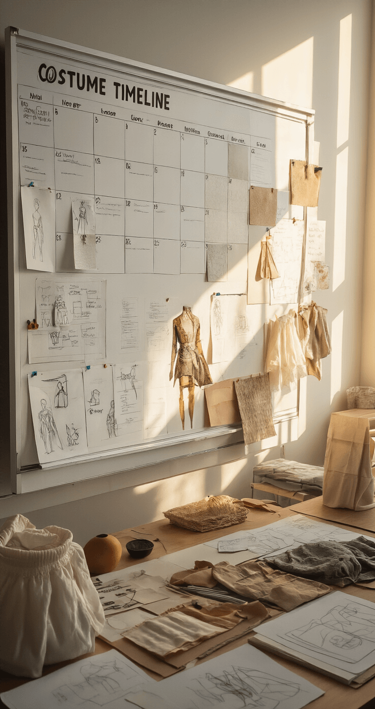 The Ultimate Guide to Anime Cosplay: From Beginner to Pro Modern home studio filled with sunlight, featuring a large whiteboard calendar with project milestones, pinned fabric swatches, and in-progress costume pieces, all emphasizing an organized and methodical costume timeline planning setup.