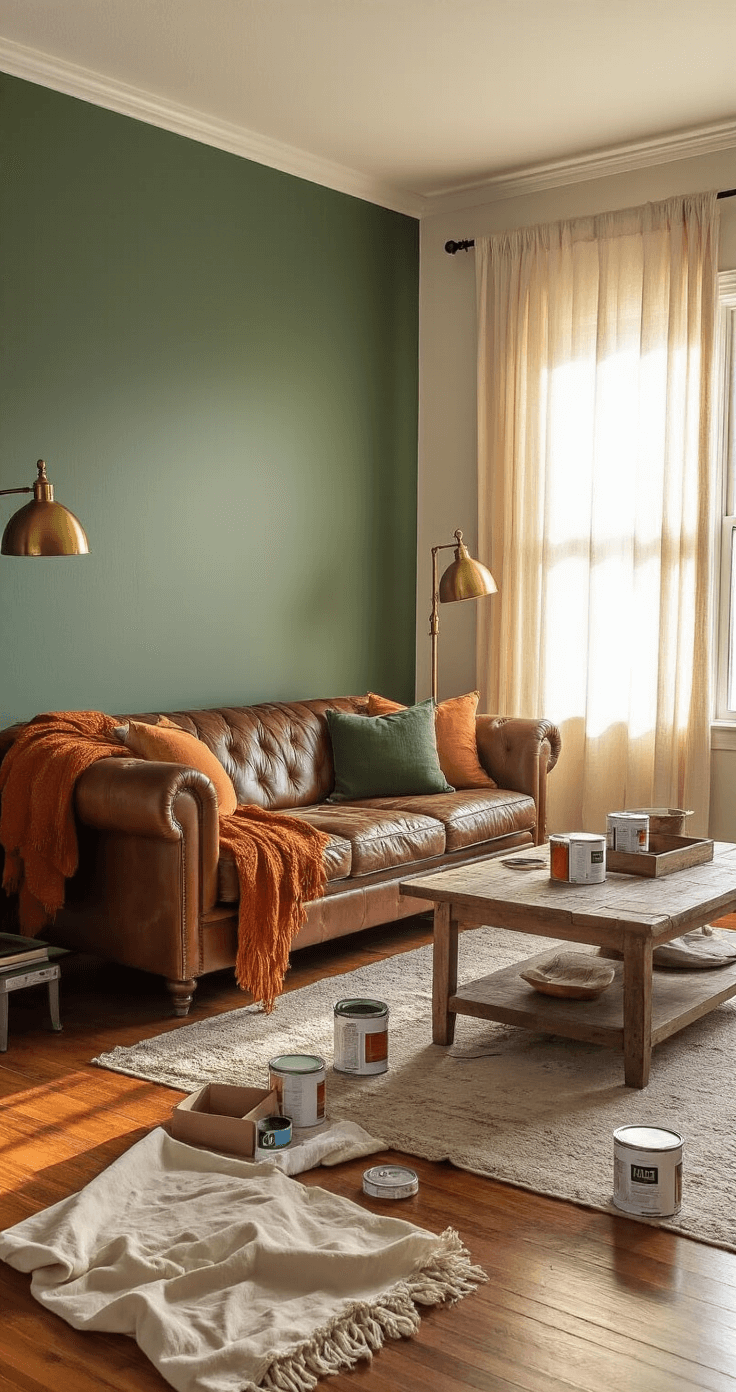 Budget-Friendly Room Makeovers: Transform Your Space Without Breaking the Bank A cozy living room mid-transformation, showcasing a deep sage green accent wall and neutral cream surrounding walls. Warm afternoon sunlight filters through sheer curtains, illuminating a worn leather sofa and hardwood floors with paint cans, rollers, and drop cloths nearby. Vintage brass lamps cast light on a distressed wood coffee table adorned with textured throw blankets in burnt orange and cream, highlighting the dramatic contrast of the space.