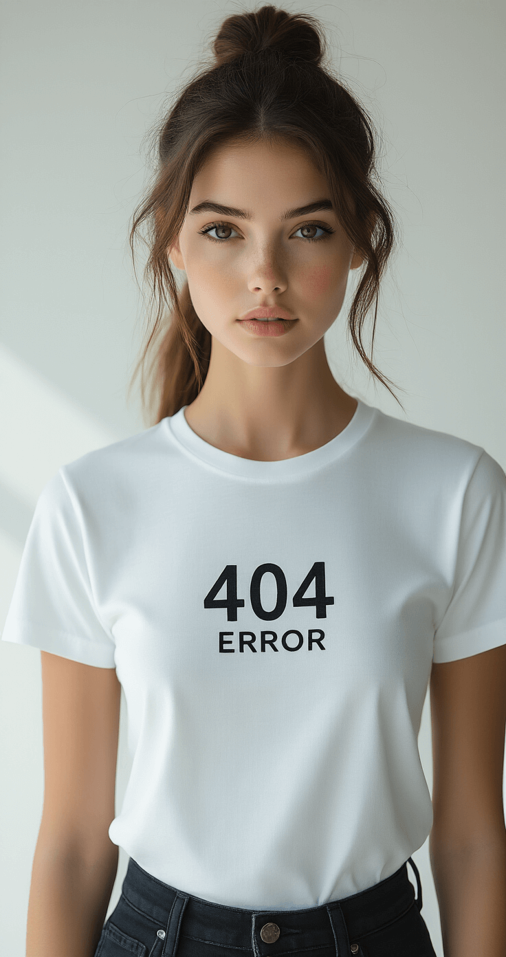 10 Genius Last-Minute Halloween Costumes (Using What's Already in Your Closet!) Model in a pristine white crew neck tee with hand-drawn '404 Error' text, styled in a minimalist white studio space with sharp overhead lighting casting graphic shadows, shot straight-on against a seamless background.