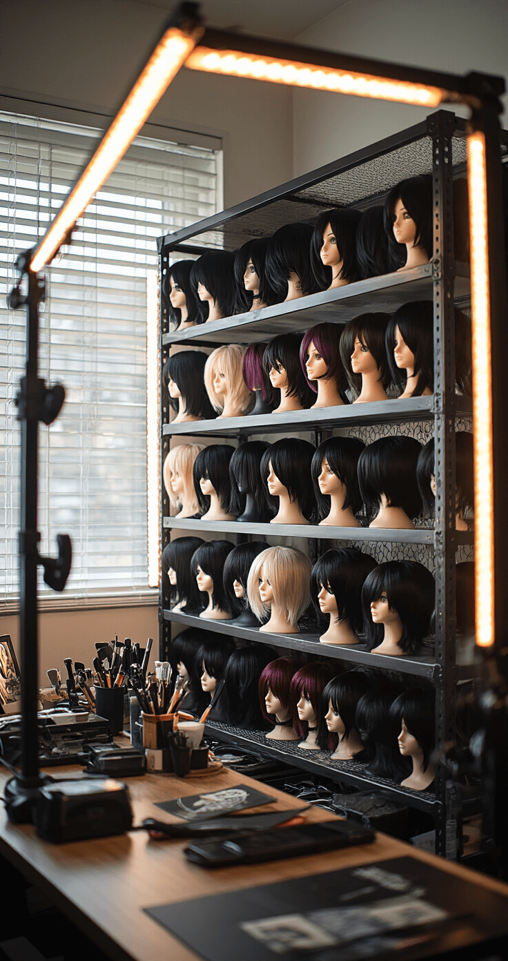 10 Must-Have Black Hair Cosplay Characters & Styling Tips A wide-angle view of a cosplay preparation area featuring organized black wigs on industrial-style shelving, styling tools, and wig heads under cool afternoon light and warm LED ring lights, with a shallow depth of field highlighting key elements.