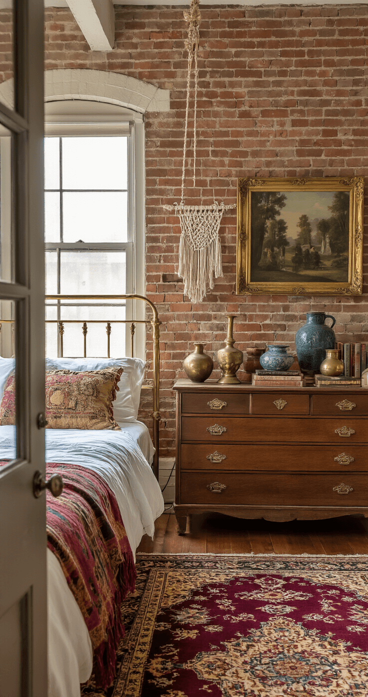 Budget-Friendly Room Makeovers: Transform Your Space Without Breaking the Bank An eclectic bedroom featuring a vintage brass bed frame against exposed brick walls, adorned with jewel-toned textiles, a weathered wooden dresser displaying unique ceramic vases and books, and a deep burgundy Persian-style rug. The warm morning light enhances the intimate atmosphere created by macrame wall hangings and gilt-framed vintage artwork.
