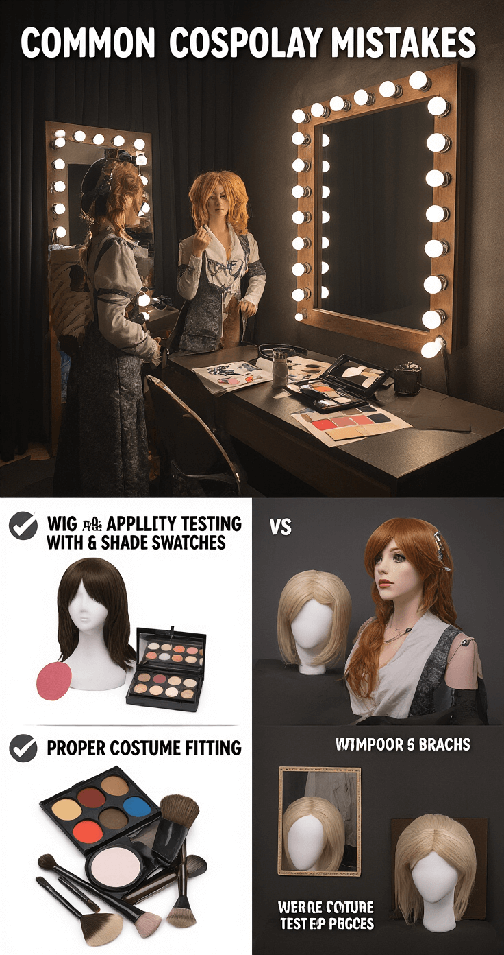 The Ultimate Guide to Anime Cosplay: From Beginner to Pro Intimate dressing room scene showcasing a split-screen comparison of cosplay techniques: one side illustrates common mistakes in wig application, makeup swatches, and costume fitting, while the other side shows correct methods. The setup includes makeup brushes, wig caps, and costume test pieces with close-up details highlighting learning points.