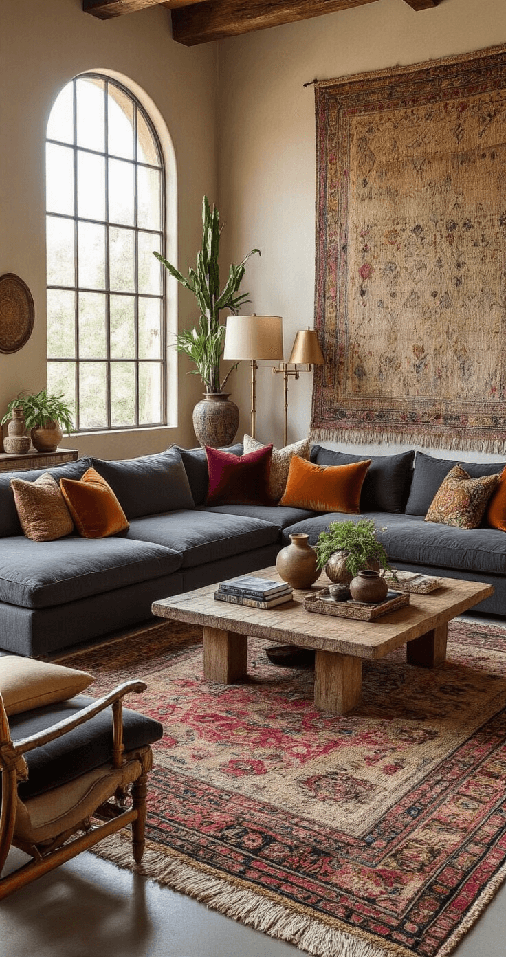 Budget-Friendly Room Makeovers: Transform Your Space Without Breaking the Bank A maximalist bohemian living room featuring a low-profile charcoal linen sectional sofa surrounded by jewel-toned throw pillows, layered Persian and Moroccan rugs on polished concrete floors, and warm brass floor lamps, all captured in dramatic late afternoon lighting.