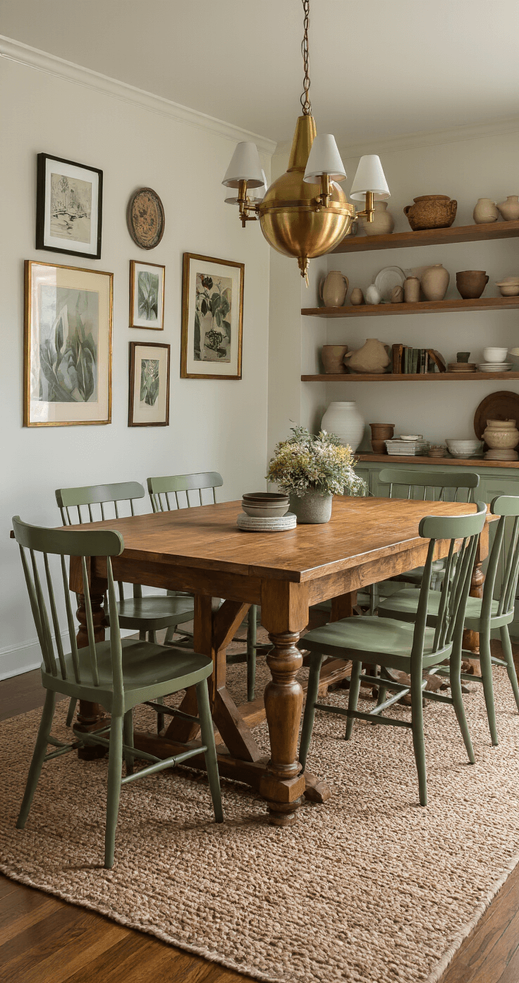 Budget-Friendly Room Makeovers: Transform Your Space Without Breaking the Bank A cozy dining room with a solid wood table and mismatched sage green chairs, warmly lit by pendant lights and a brass chandelier, featuring a thrifted gallery wall and curated pottery displays.