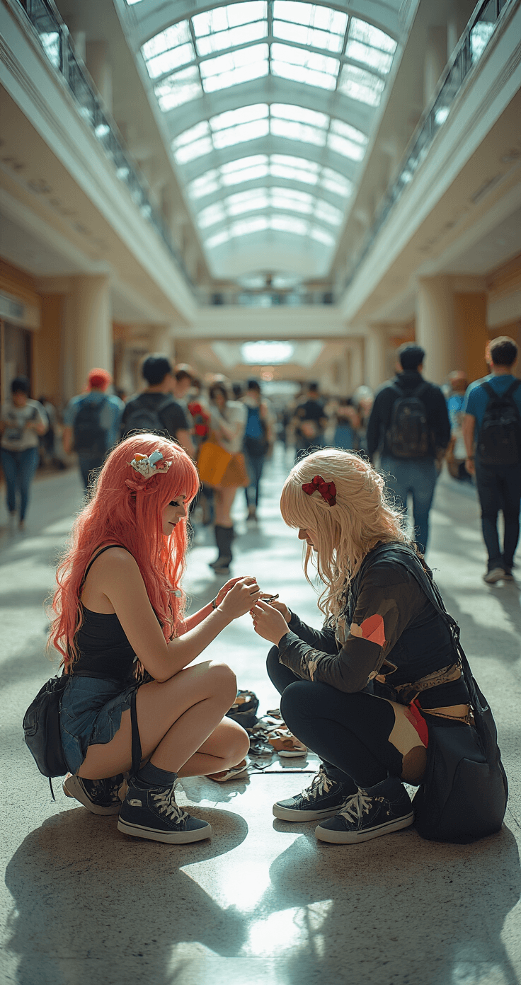 The Ultimate Guide to Anime Cosplay: From Beginner to Pro A bustling convention center hallway bathed in natural light, showcasing cosplayers assisting each other with last-minute costume adjustments, including comfortable shoes being broken in, wig securing, and makeup touch-ups, highlighting a spirit of community support.