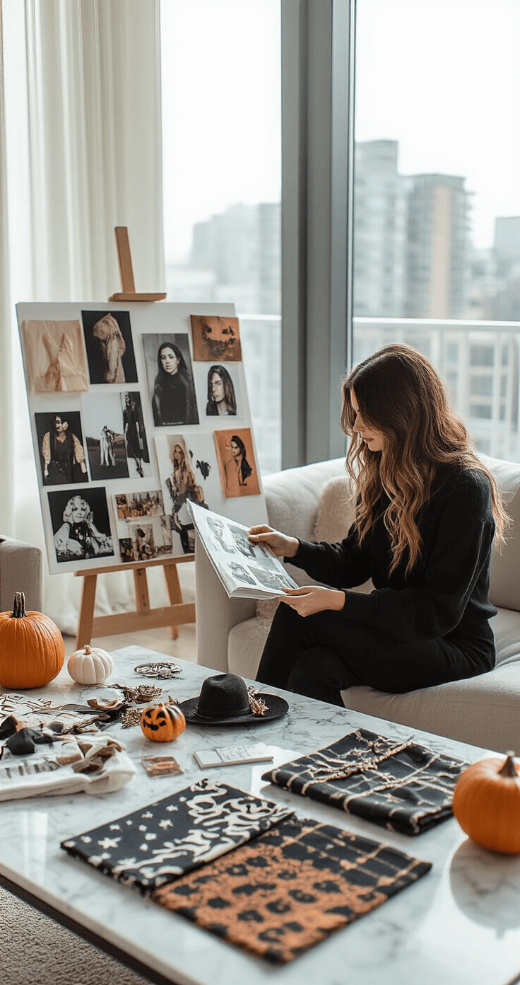 10 Genius Last-Minute Halloween Costumes (Using What's Already in Your Closet!) A model in a casual-luxe outfit brainstorms Halloween costume ideas at a marble coffee table, which displays a mood board with inspiration photos, fabric swatches, and accessories, all illuminated by soft afternoon light streaming through floor-to-ceiling windows, captured from an overhead flatlay perspective.
