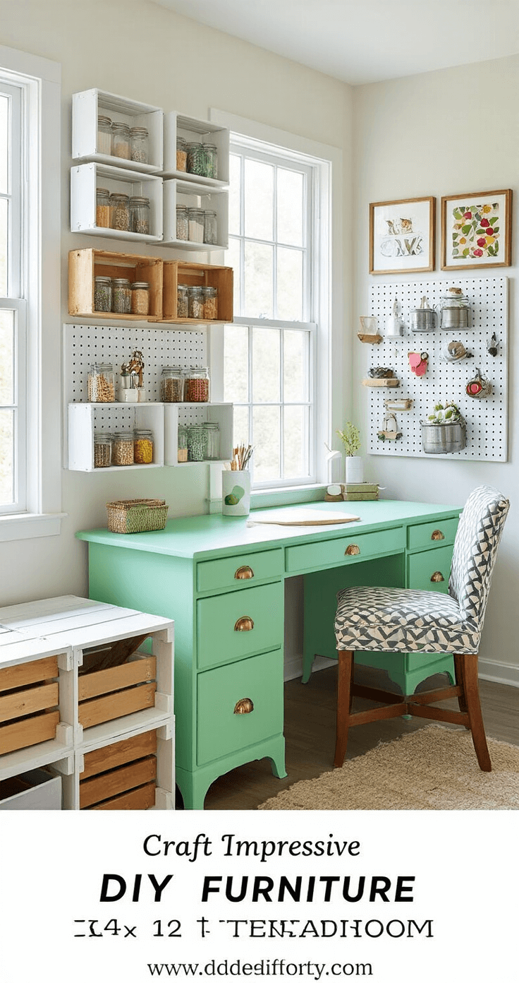 Budget-Friendly Room Makeovers: Transform Your Space Without Breaking the Bank A bright craft room showcasing DIY furniture transformations, featuring a mint green vintage desk, geometric wall-mounted storage, a colorful pegboard, and a reupholstered chair, all illuminated by natural midday light.