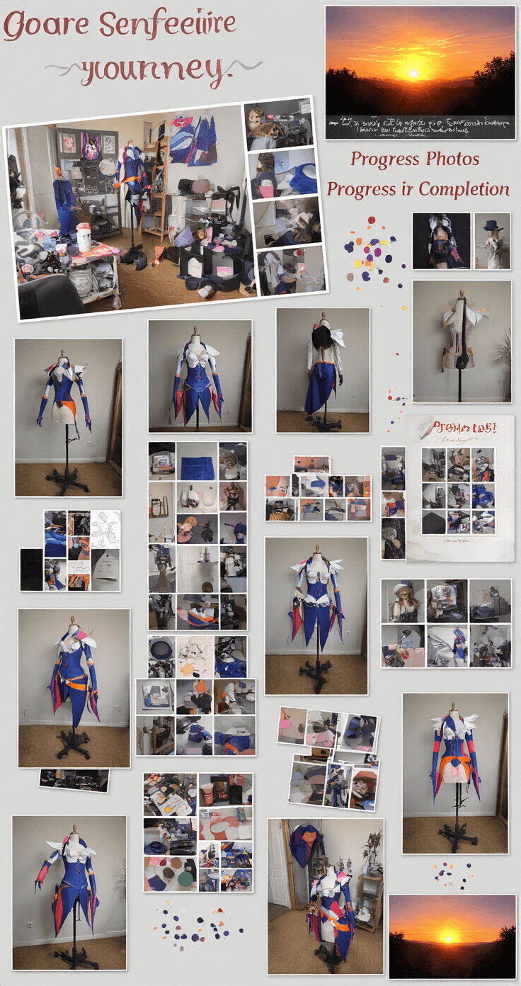 The Ultimate Guide to Anime Cosplay: From Beginner to Pro A sunset-lit home studio showcasing a completed cosplay journey documentation, with multiple progress photos on a mood board, a final costume on a mannequin, surrounded by material samples and celebration confetti, captured from above.
