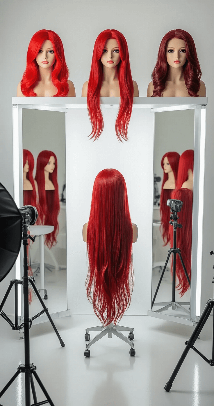The Ultimate Guide to Red Hair Cosplay: From Basics to Pro Tips A brightly lit cosplay studio with white walls and mirrors, showcasing a styling station filled with high-quality red wigs on mannequins, highlighting intricate details of wig fibers and hairlines, with professional lighting and photography equipment in the background.