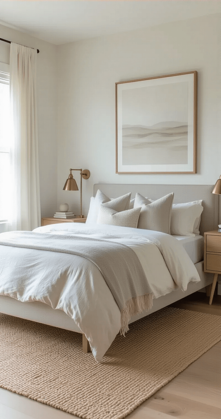 Budget-Friendly Room Makeovers: Transform Your Space Without Breaking the Bank A serene bedroom featuring a platform bed with linen bedding, matching nightstands with brass lamps, and a large artwork above the bed. The warm white, soft gray, and natural wood palette is highlighted by natural light filtering through sheer curtains over light oak floors and a jute rug, creating a calm, spa-like atmosphere.