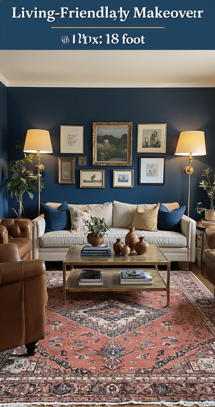Budget-Friendly Room Makeovers: Transform Your Space Without Breaking the Bank A beautifully transformed living room showcasing a deep navy accent wall, thrifted leather armchairs, modern sofa, vintage brass coffee table with decor, layered warm lighting, Persian rug, and a gallery wall, all illuminated during golden hour for a cozy ambiance.