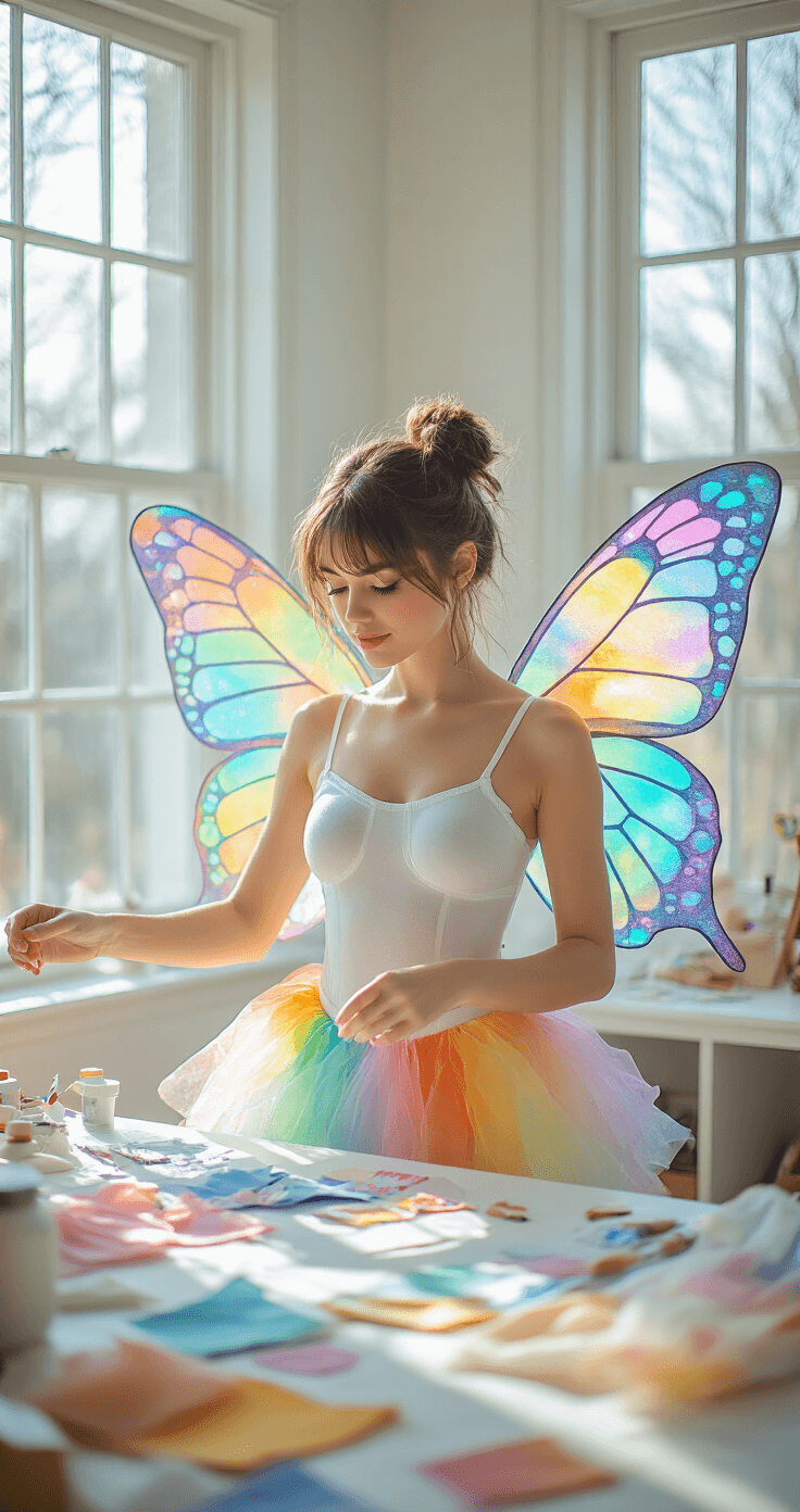 Adorably Spooky: Your Guide to the Cutest Halloween Costumes for 2025 Bright, airy living room featuring a model in a fitted white base layer with partially attached rainbow tulle layers, surrounded by scattered fabric swatches and craft supplies, as large windows let in natural light that highlights iridescent butterfly wings in progress.