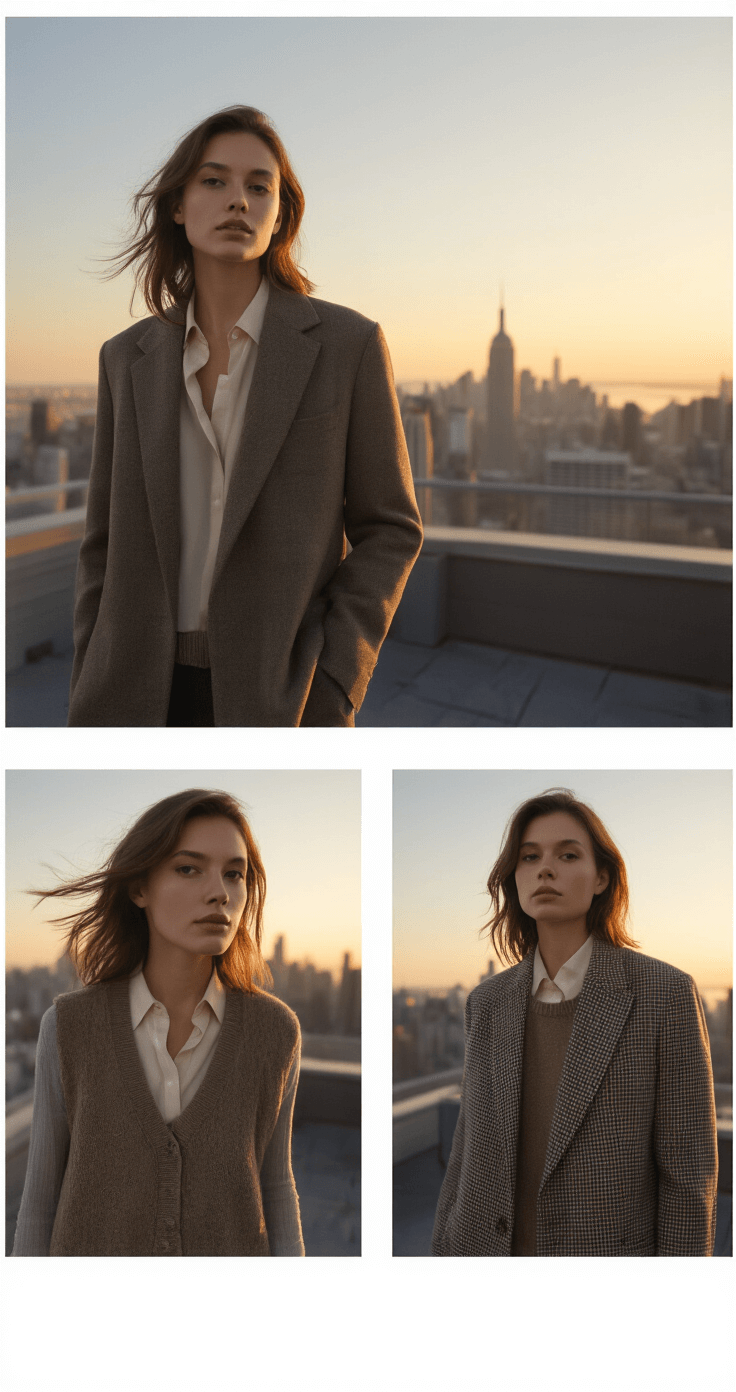 A model on a contemporary rooftop terrace during golden hour, showcasing a layered outfit that includes a thermal base layer, silk button-down, recycled wool sweater vest, and oversized check blazer against a Manhattan skyline. The image captures close-up details of fabric textures and layering transitions, with the wind gently moving the fabric. The shot is taken from slightly above, highlighting the outfit composition in natural sunset lighting with subtle fill light.