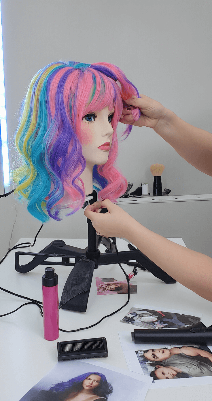 Level Up Your Cosplay Game: A Complete Guide to Dressing to Impress A bright, airy bedroom with a cosplayer styling a vibrant wig on a stand, surrounded by natural daylight and LED lighting. A clean white desk holds various styling tools, heat protectants, and reference photos, showcasing detailed hand movements and techniques in a documentary-style composition.