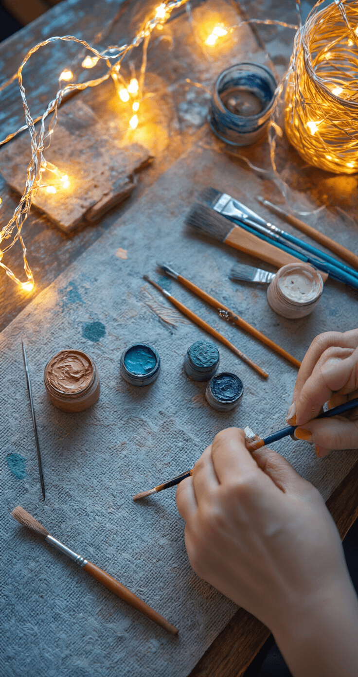 Close-up of hands skillfully weathering a prop in a cozy craft room, illuminated by warm string lights during blue hour. Various painting tools and colors are in the blurred background, highlighting intricate techniques.