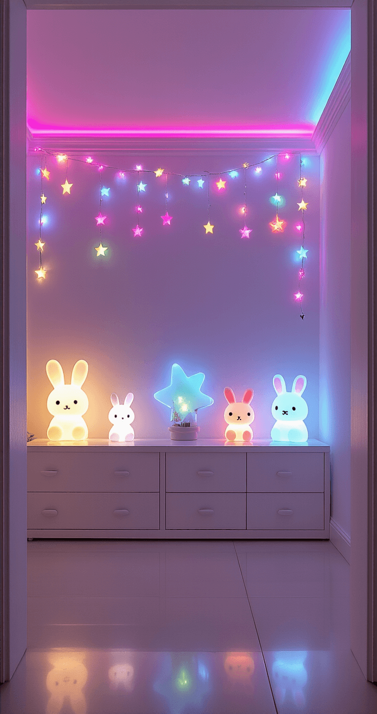 Kawaii Room Decor: Create Your Pastel Paradise of Cuteness and Comfort A cozy room with layered lighting, featuring pink LED strips along the crown molding and kawaii-themed lamps, including bunny night lights and star projectors. White furniture reflects the colorful lights, creating a magical evening atmosphere, captured from the doorway with an ultra-wide lens.