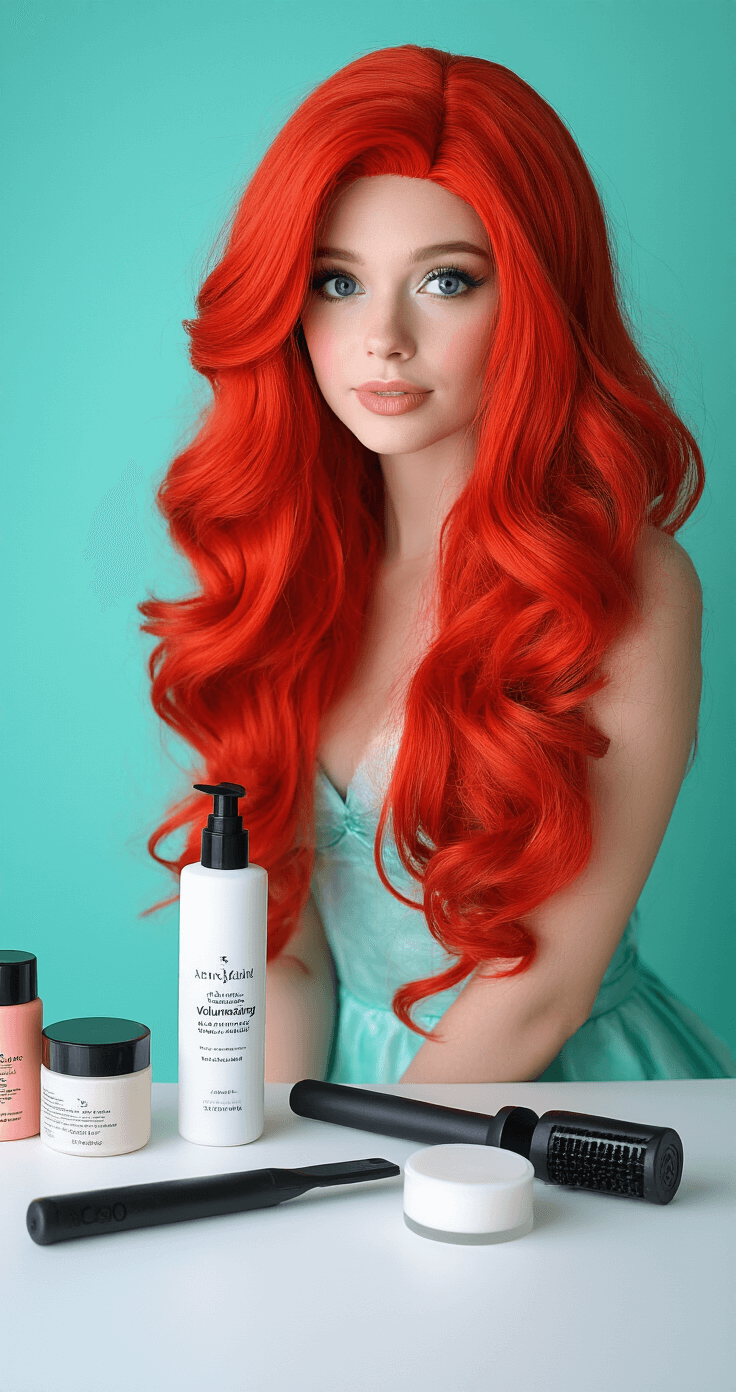 The Ultimate Guide to Red Hair Cosplay: From Basics to Pro Tips A model in Ariel cosplay with a bright red wig styled in voluminous waves stands against a seafoam backdrop, surrounded by volumizing products and styling tools, with studio strobes and softboxes illuminated, captured with a Canon 5D Mark IV.
