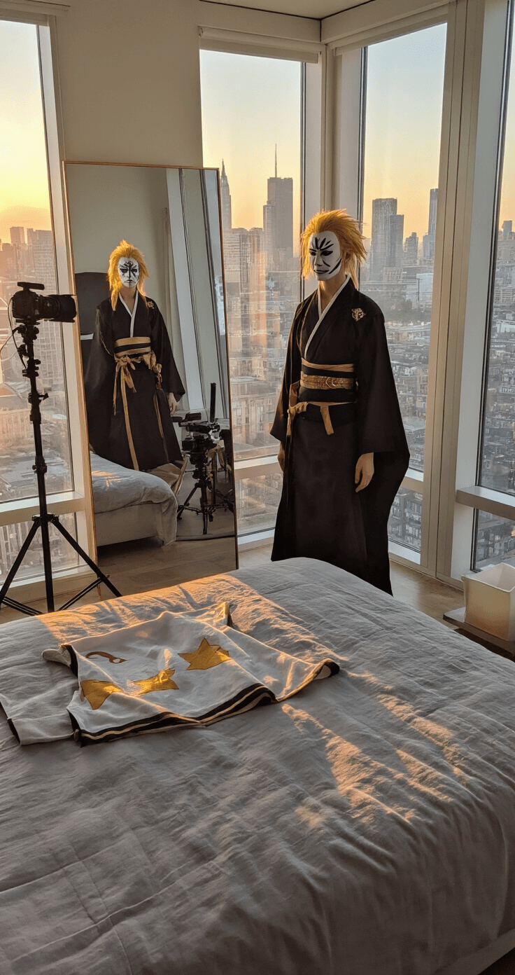 My Ultimate Guide to Nailing Your Choso Cosplay - A Jujutsu Kaisen Fan's Journey A minimalist bedroom bathed in golden hour light features a full Choso costume laid out on a grey linen bedspread. A mirror reflects a styled wig and intricately designed face markings, while professional camera equipment hints at a content creation setup. The urban skyline is visible through expansive floor-to-ceiling windows.