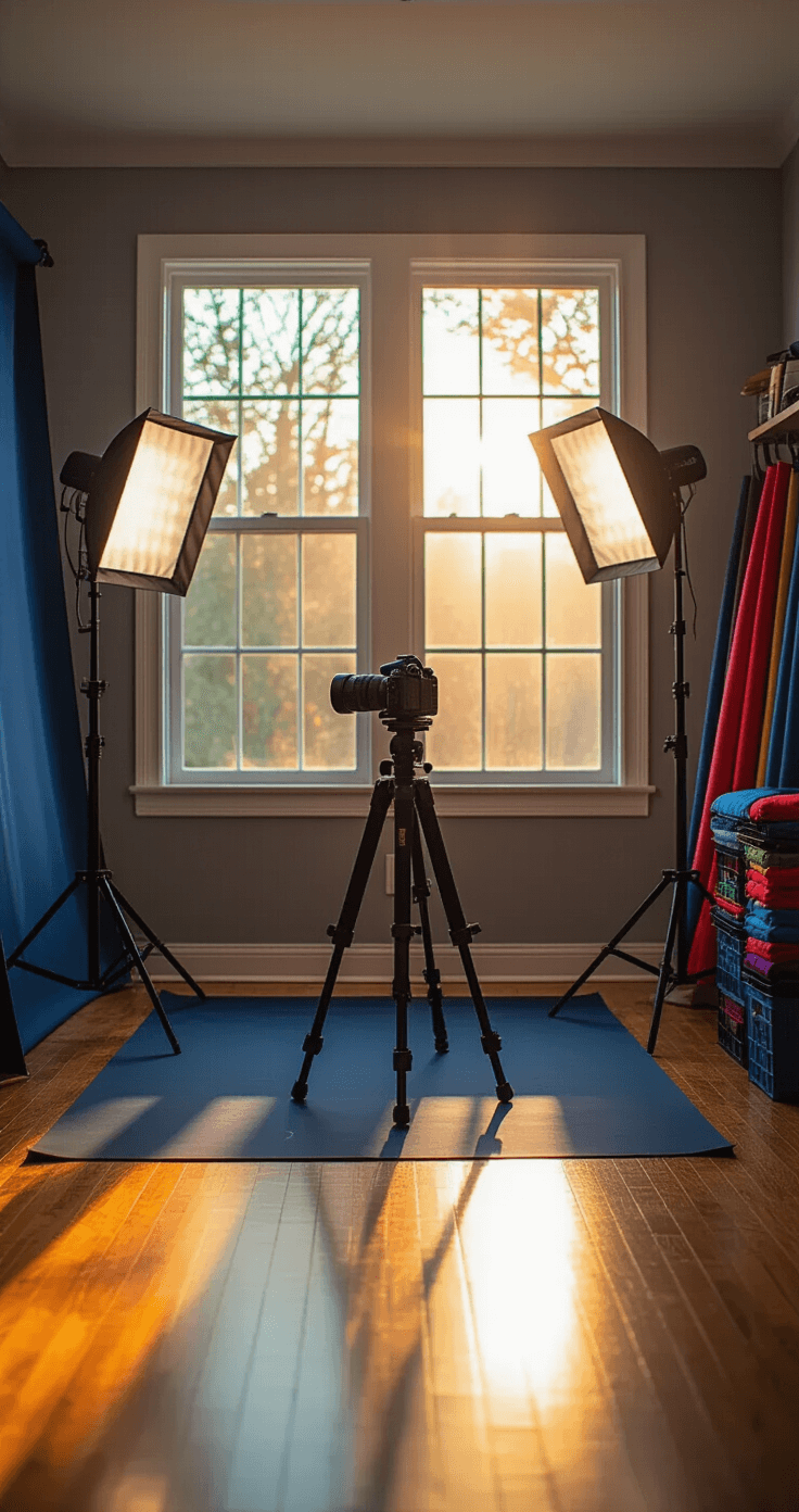 DIY Home Cosplay Photography Studio: Your Ultimate Guide to Creating the Perfect Shoot Space A spacious cosplay photography studio with warm golden hour sunlight streaming through west-facing windows, featuring deep navy blue seamless paper backdrops, hardwood floors with black mats, a DSLR camera on a tripod, softbox lights, and colorful fabric backdrops in storage bins. Dust motes dance in the beams of light, creating an organized yet creative atmosphere.