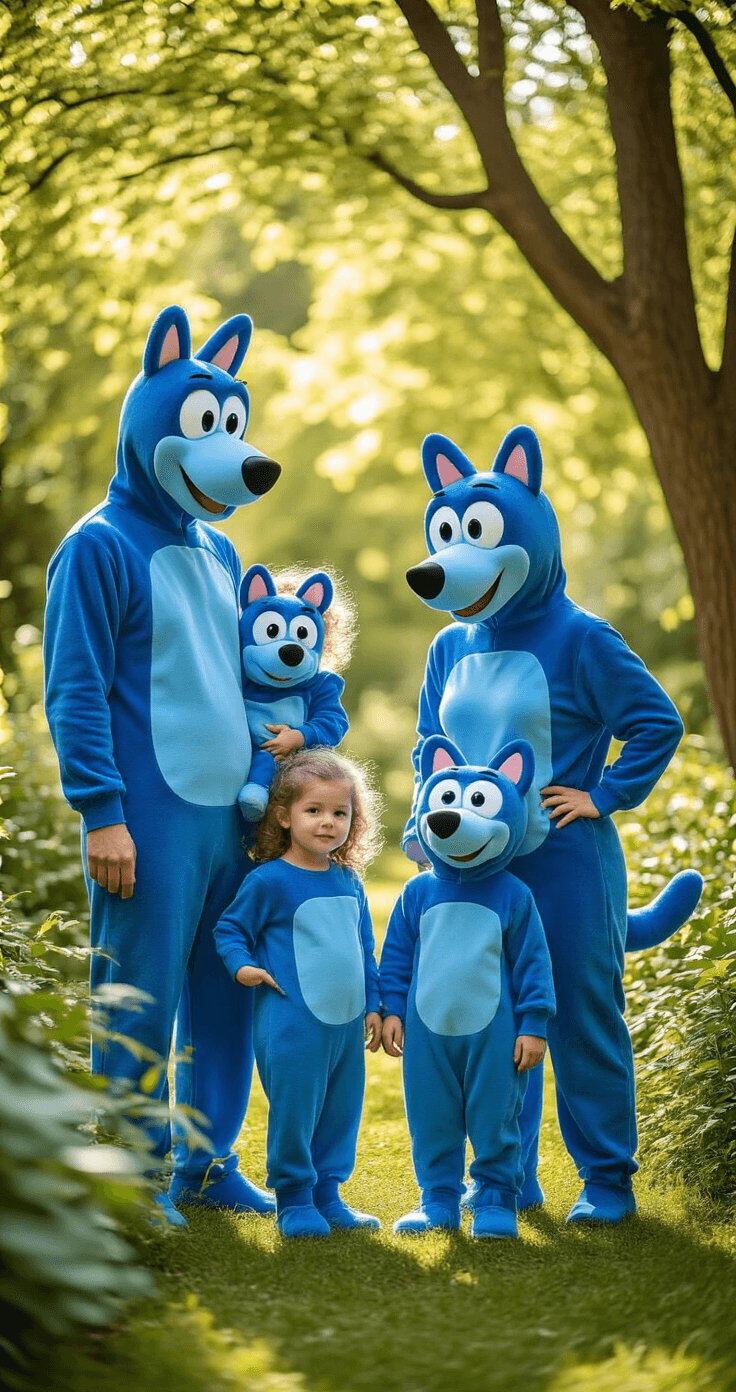 Adorably Spooky: Your Guide to the Cutest Halloween Costumes for 2025 A whimsical outdoor garden scene with the Bluey family in coordinated blue character costumes, playfully interacting against a lush green background, as mid-morning light filters through the trees, casting playful shadows.