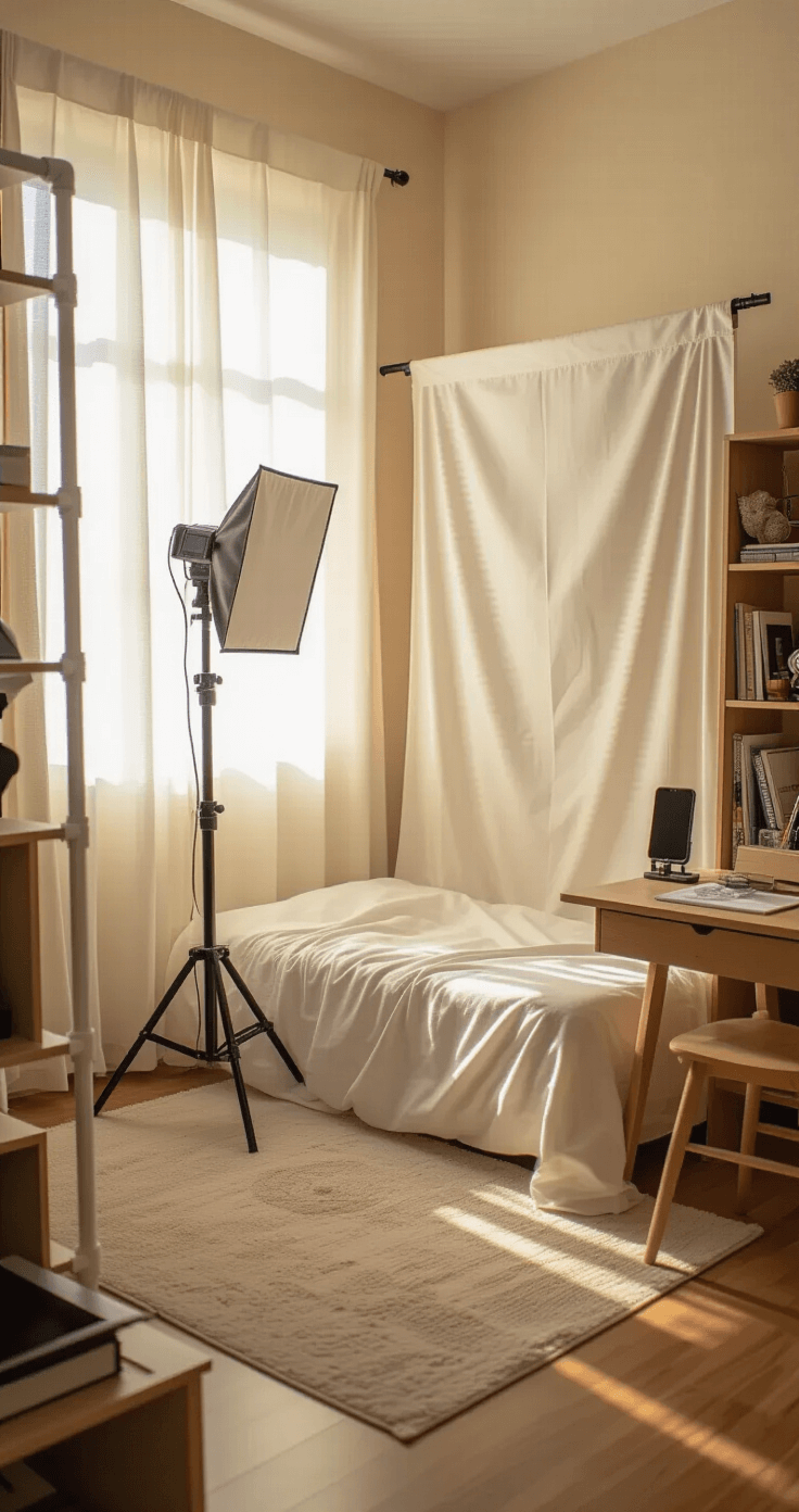 DIY Home Cosplay Photography Studio: Your Ultimate Guide to Creating the Perfect Shoot Space A cozy budget-friendly cosplay photo space in a small bedroom corner, featuring soft natural light, a PVC backdrop, smartphone on a tripod, DIY reflectors, and warm wood tones.