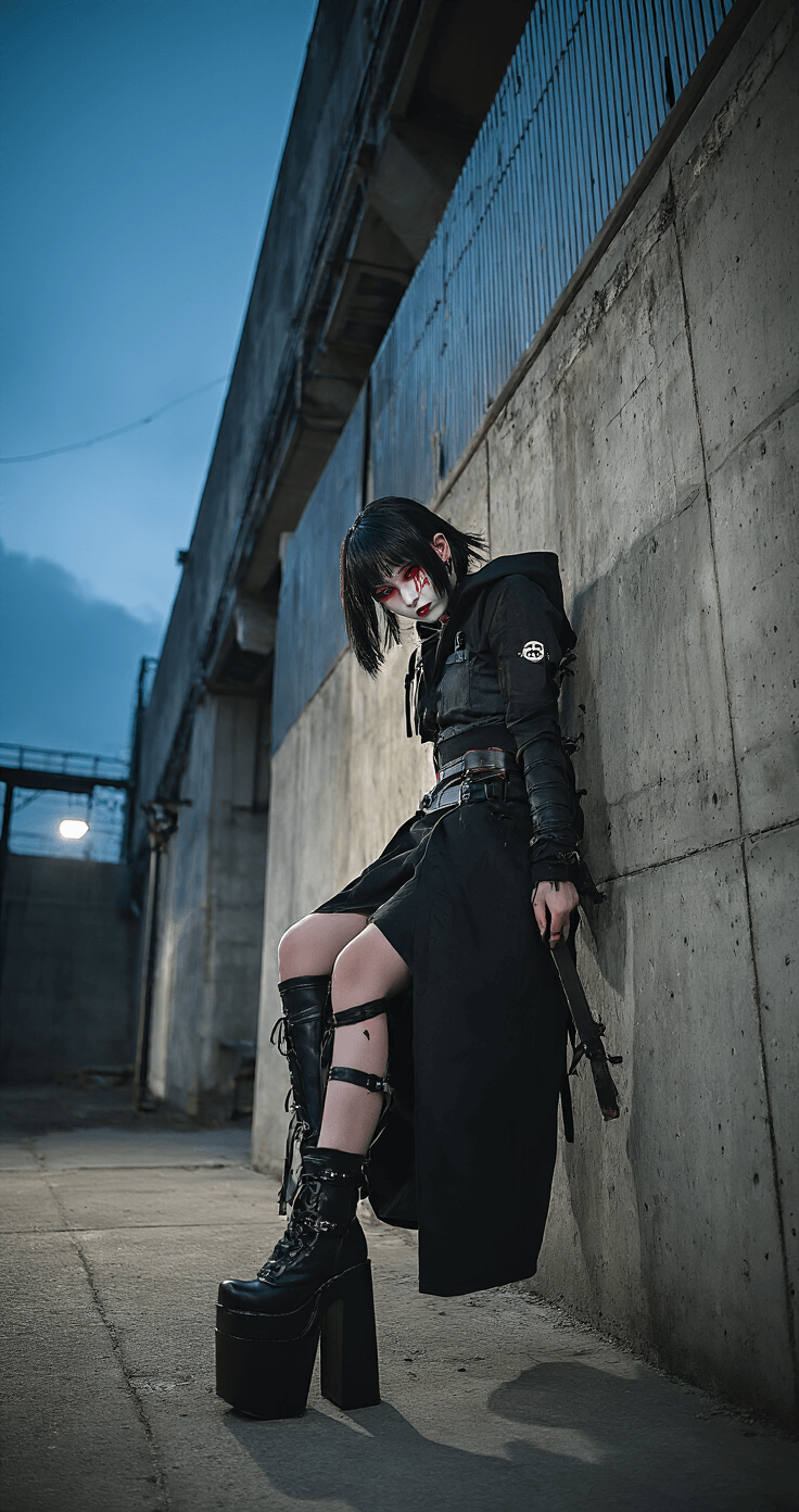 My Ultimate Guide to Nailing Your Choso Cosplay - A Jujutsu Kaisen Fan's Journey Model in full Choso cosplay poses dramatically against industrial concrete walls and metal structures, highlighted by moody evening lighting that accentuates costume details and facial markings, with professional lighting equipment in the setup.