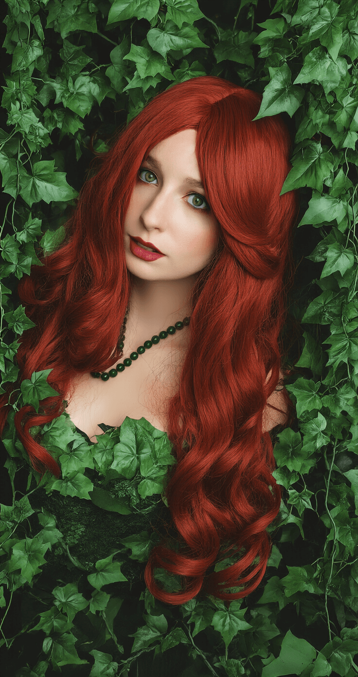 The Ultimate Guide to Red Hair Cosplay: From Basics to Pro Tips A moody studio shot of a Poison Ivy cosplay setup featuring a deep auburn red wig styled in loose waves, surrounded by artificial ivy and green accessories, with dramatic side lighting highlighting the wig's vibrant color variations, captured from a 45-degree angle.
