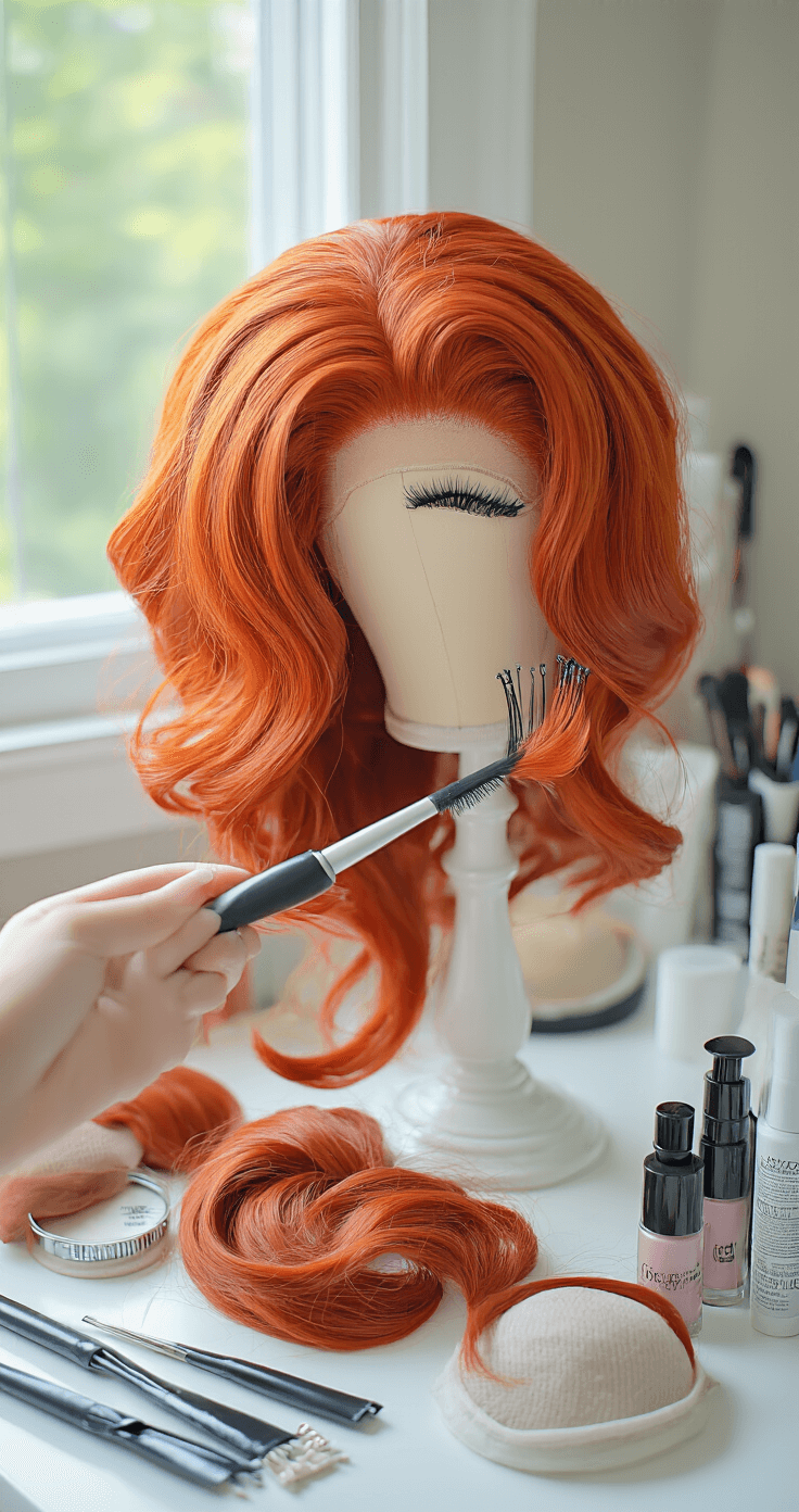 The Ultimate Guide to Red Hair Cosplay: From Basics to Pro Tips A behind-the-scenes cosplay preparation area featuring a white vanity adorned with wig caps, bobby pins, and styling products, illuminated by natural window light. A bright red Jessica Rabbit-style wig is being meticulously styled with a curved wand, showcasing detailed wave formations in a macro view, all under soft, diffused lighting.