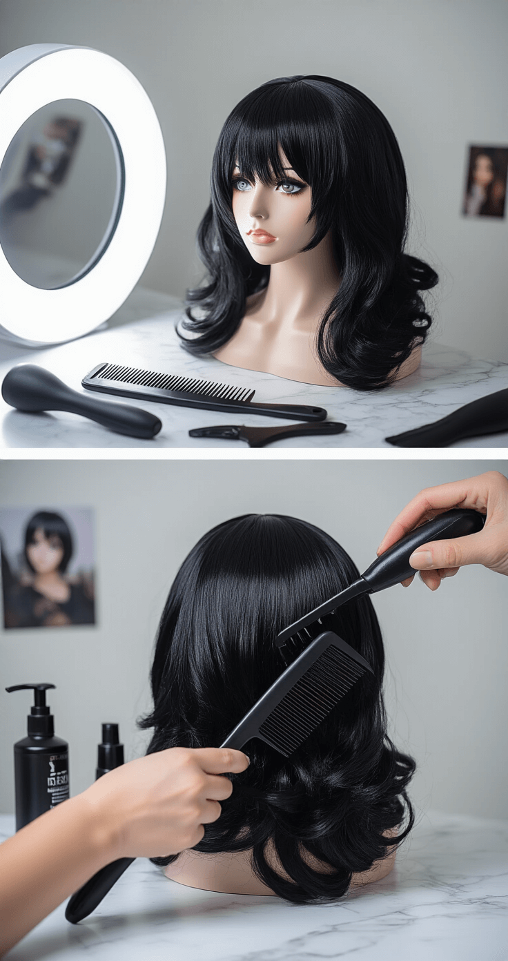 My Ultimate Guide to Nailing Your Choso Cosplay - A Jujutsu Kaisen Fan's Journey Cosplay wig styling station featuring professional tools and premium products on a white marble counter, with a close-up of a black wig being styled for character accuracy under the warm glow of a ring light, and inspiration photos visible in the background.