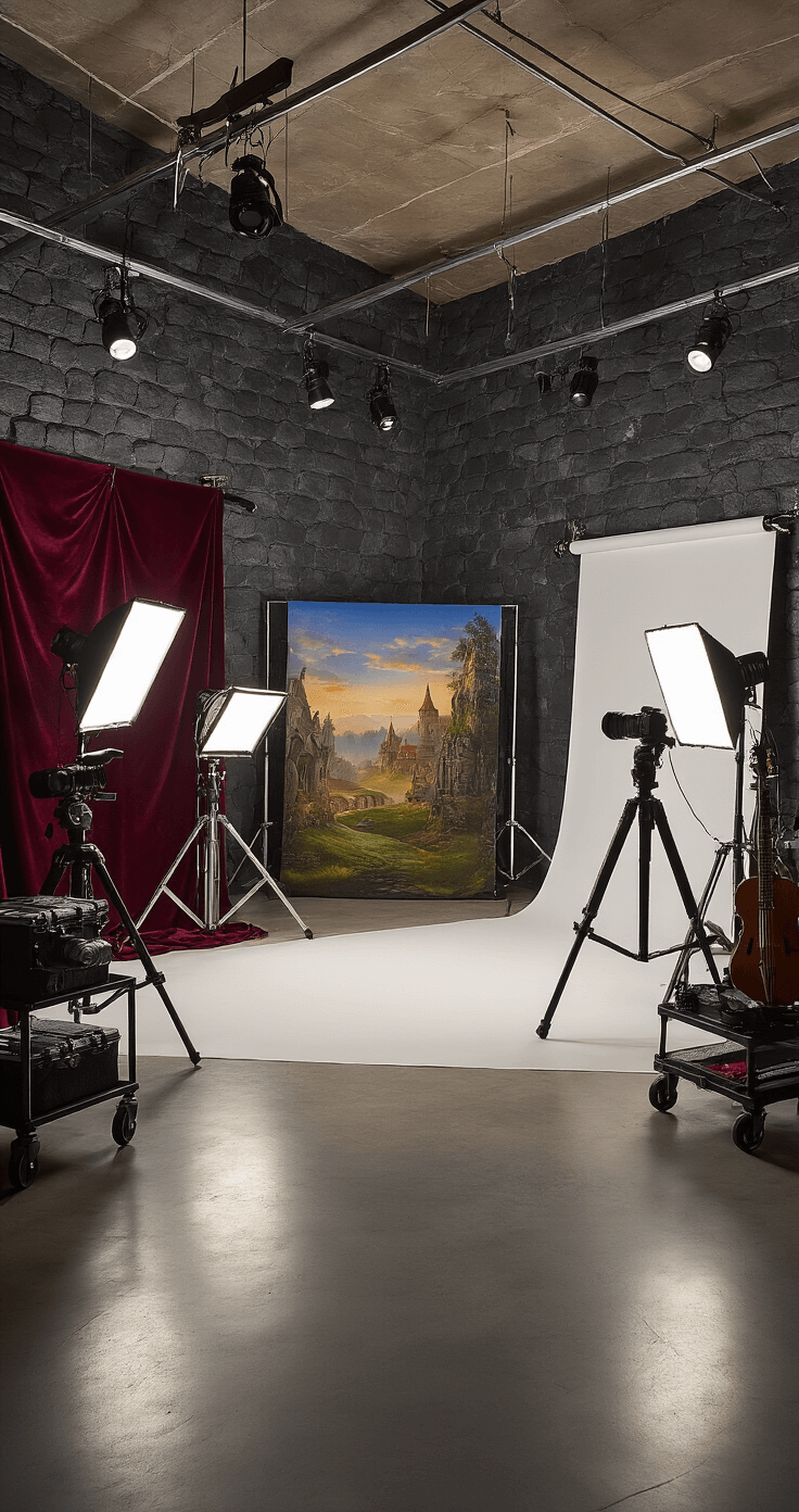 DIY Home Cosplay Photography Studio: Your Ultimate Guide to Creating the Perfect Shoot Space A spacious, professionally lit 15x20 foot basement studio featuring textured charcoal gray walls, various backdrop options, high-end DSLR cameras, and organized lighting equipment, all set in an elegant atmosphere during evening hours.