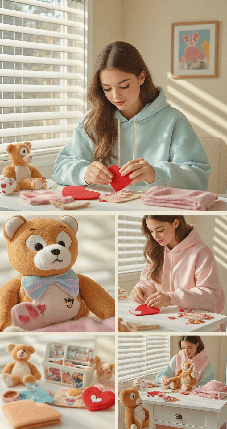 Adorably Spooky: Your Guide to the Cutest Halloween Costumes for 2025 A vintage-inspired bedroom scene depicting a model in a pastel hoodie crafting a Beanie Baby heart tag from felt, surrounded by organized craft supplies on a white desk. Nostalgic 90s memorabilia decorates the space, illuminated by warm afternoon light filtering through venetian blinds, creating striped patterns on the scene. The image captures both wide and detailed shots of the DIY process.