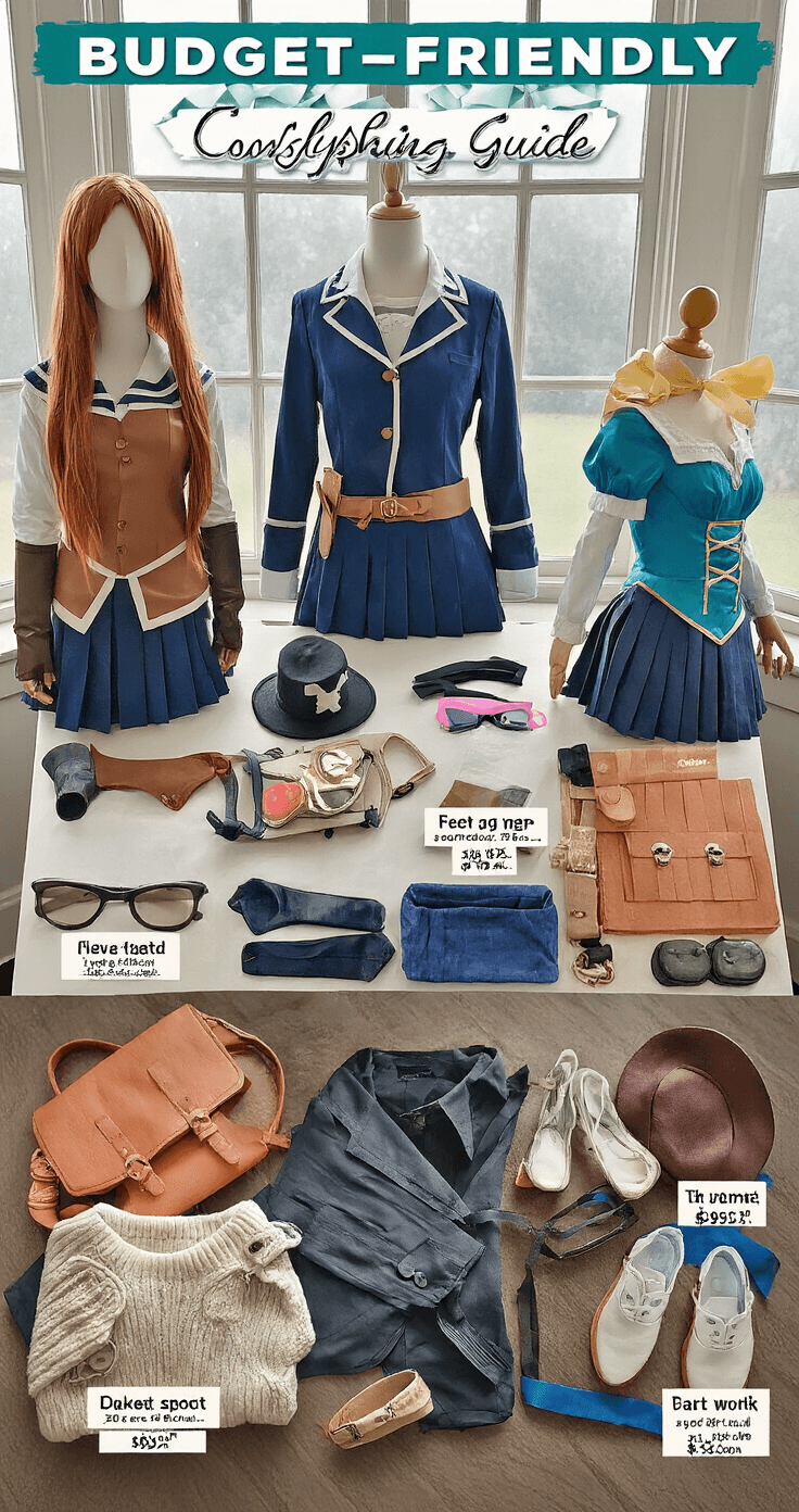 My Ultimate Guide to Nailing Your Choso Cosplay - A Jujutsu Kaisen Fan's Journey Overhead view of a budget-friendly cosplay shopping guide, featuring neatly arranged costume pieces and accessories with visible product tags and price comparisons, illuminated by natural daylight that emphasizes the texture of various materials.