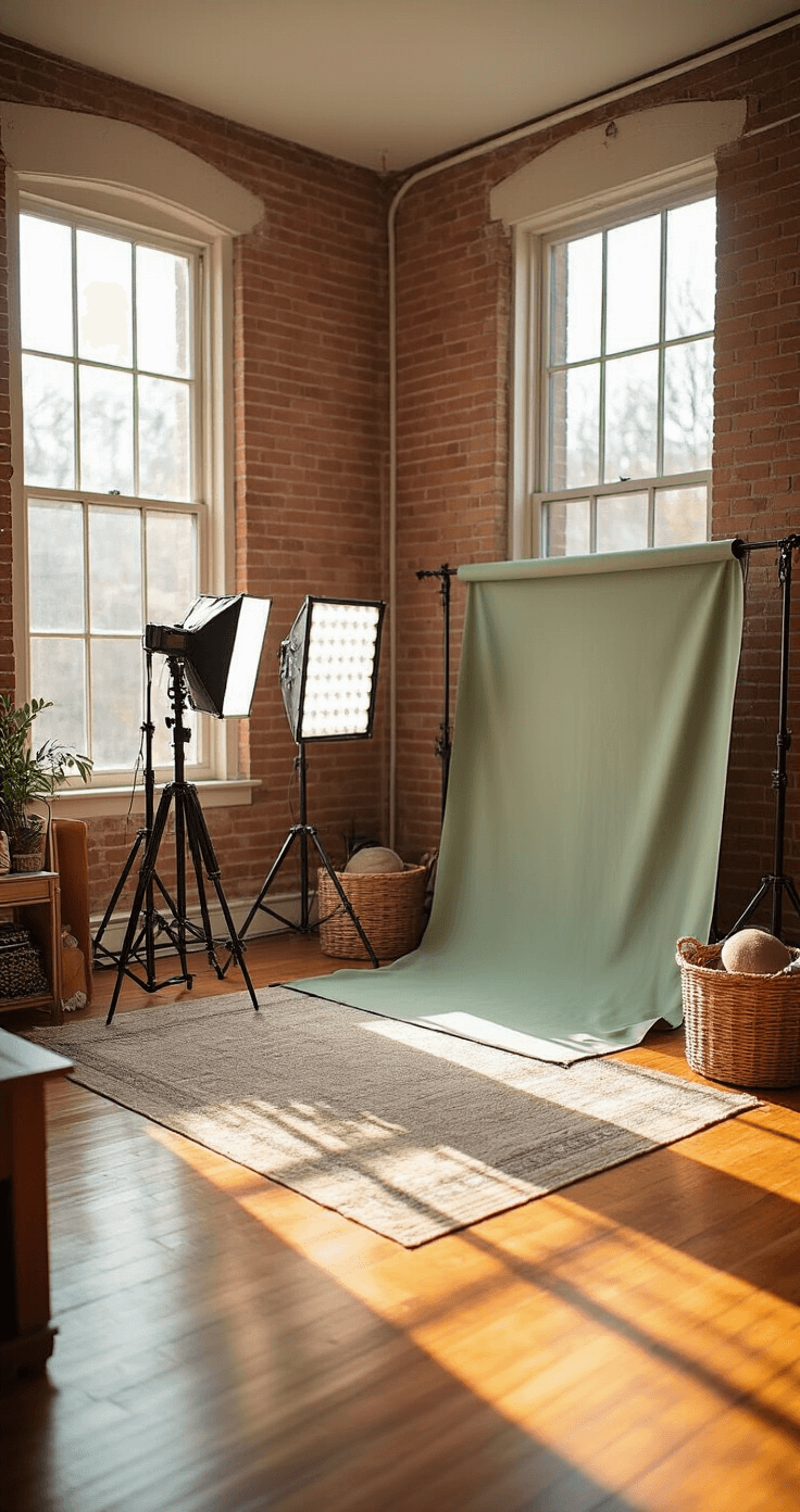 DIY Home Cosplay Photography Studio: Your Ultimate Guide to Creating the Perfect Shoot Space A bright living room nook with floor-to-ceiling north-facing windows, featuring a backdrop stand with sage green and warm gray muslins against a brick wall, a DSLR on a tripod, LED panels, reflectors, warm honey-toned hardwood floors, and neatly arranged props on floating shelves.