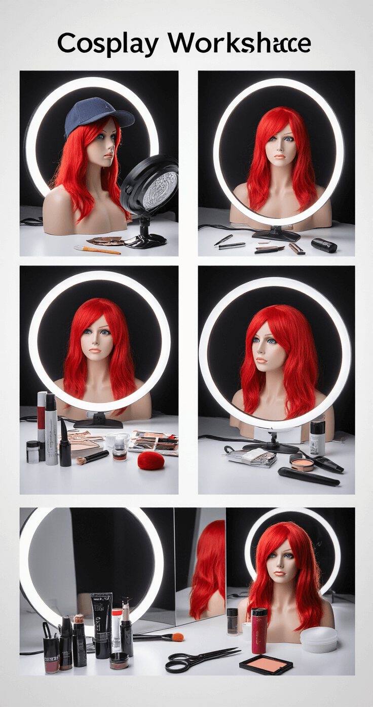 The Ultimate Guide to Red Hair Cosplay: From Basics to Pro Tips A modern cosplay workspace featuring LED ring lights and mirrors, showcasing a step-by-step styling progression of a red wig from basic cap application to the final styled look. Professional tools and products are neatly arranged in the foreground, captured in clean, editorial style photography with even lighting.