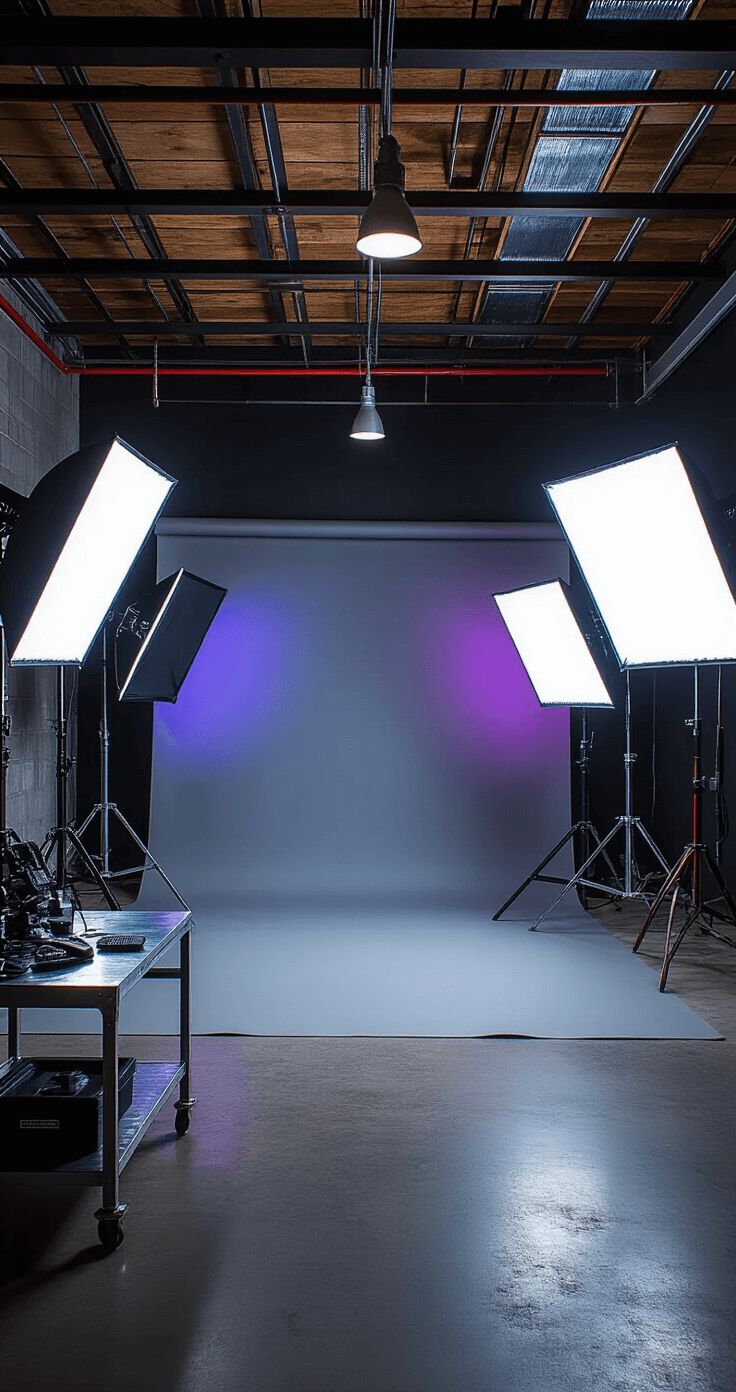 DIY Home Cosplay Photography Studio: Your Ultimate Guide to Creating the Perfect Shoot Space A converted garage studio during blue hour features dramatic artificial lighting against matte black concrete walls and exposed steel beams, with professional strobe lights, a seamless gray backdrop, and colored gel accents.