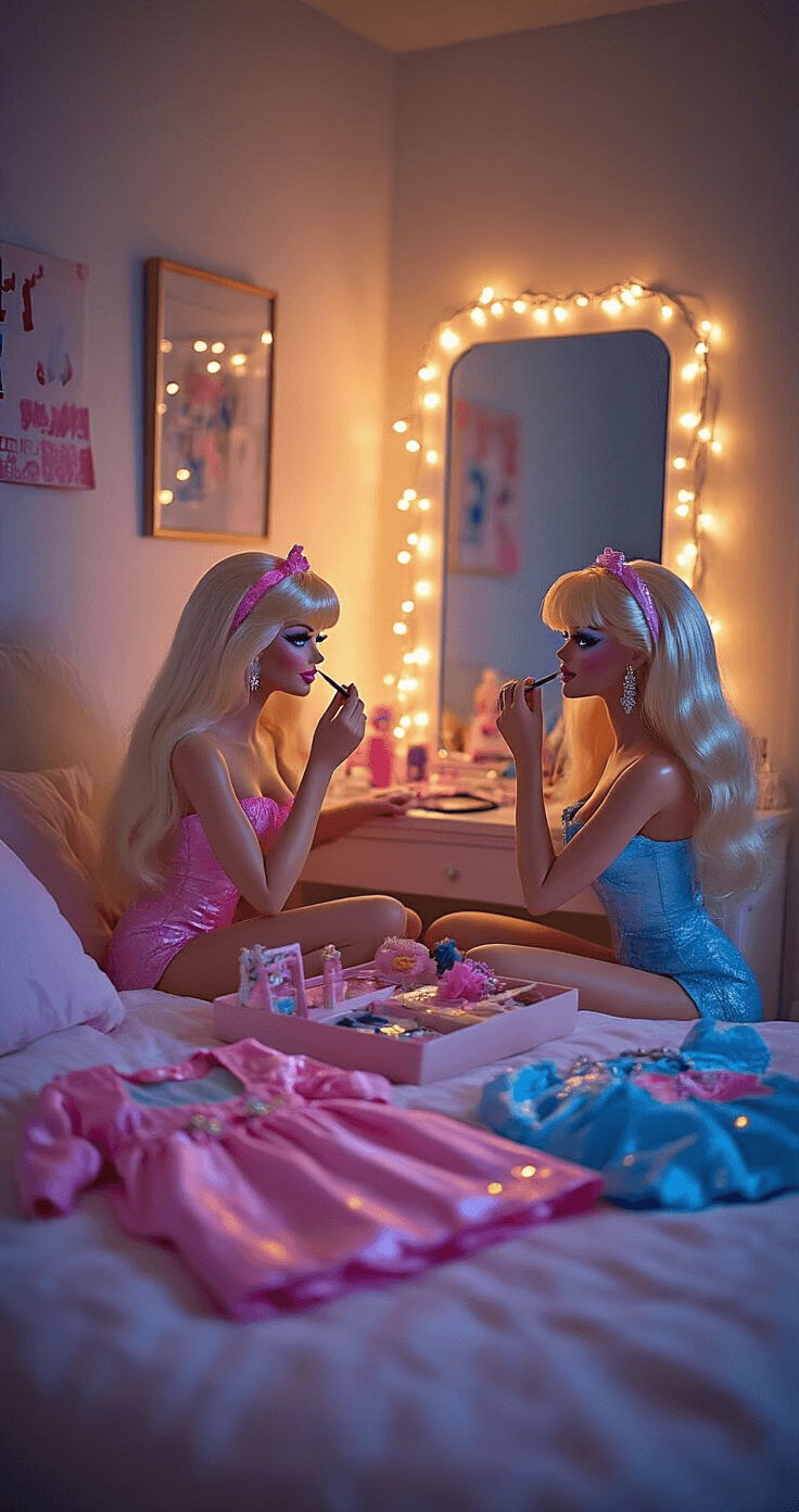 The Ultimate Guide to Duo Halloween Costumes: Creative Ideas That'll Turn Heads Cozy bedroom with fairy lights, featuring two best friends applying makeup for Barbie and Ken transformations in vintage outfits, with a full-length mirror and ambient lighting.