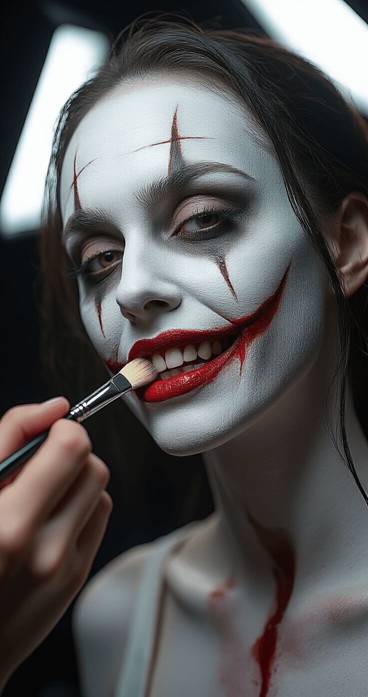10 Essential Tips for a Perfect Jeff the Killer Cosplay A close-up shot of a dimly lit makeup studio showcasing a model undergoing a Jeff the Killer transformation. White face paint is being meticulously applied with high-end brushes, highlighting hollow cheekbones and a signature smile crafted from liquid latex. Professional beauty lighting casts dramatic shadows, while multiple HD cameras capture the intricate details. The color palette features stark whites, deep blacks, and hints of blood red.
