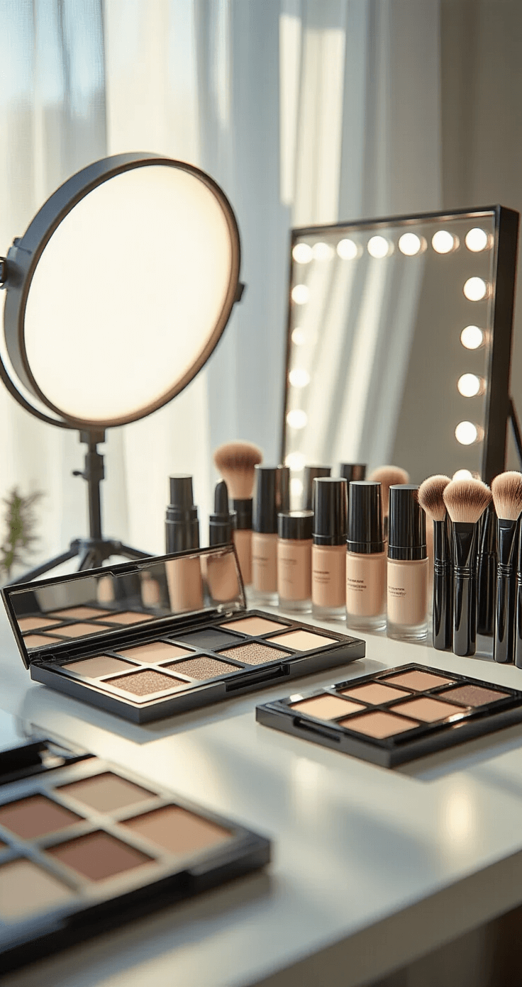 Master Male Cosplay Makeup: A Complete for All Skill Levels A beautifully organized makeup studio with professional lighting, displaying male cosplay makeup products on a sleek white vanity. Morning light filters through sheer curtains, highlighting foundation, contour palettes, and brushes, with open makeup cases showcasing neutral shades. A mirror reflects high-end photography equipment in the background.