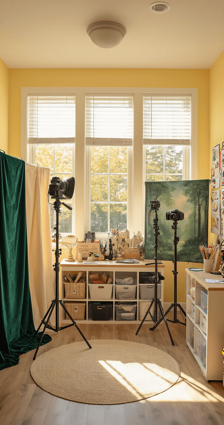 DIY Home Cosplay Photography Studio: Your Ultimate Guide to Creating the Perfect Shoot Space A sunlit craft room and cosplay studio featuring large windows, pale yellow walls with inspiration boards, and a portable backdrop system with fabric options. The space includes organized storage cubbies for props and accessories, a DSLR on a tripod, ring lights, and reflector panels, all within a cheerful color scheme of yellows, whites, and wood tones.