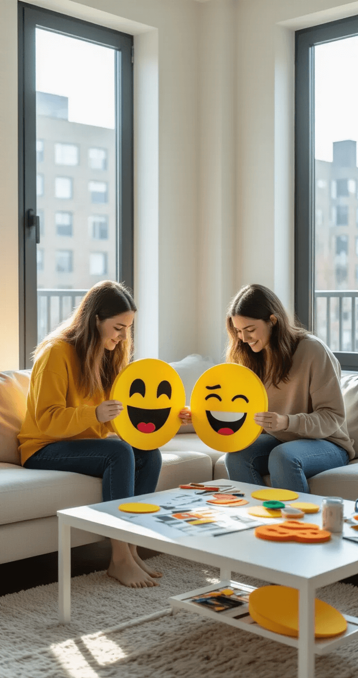 The Ultimate Guide to Duo Halloween Costumes: Creative Ideas That'll Turn Heads Two friends crafting DIY emoji costumes in a clean, minimalist living room filled with natural light, surrounded by organized craft supplies on a white coffee table.