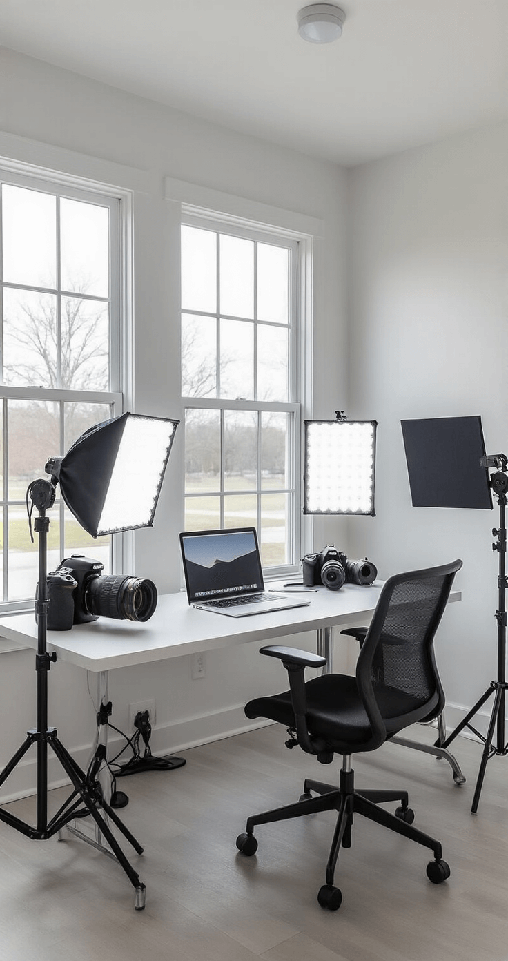 DIY Home Cosplay Photography Studio: Your Ultimate Guide to Creating the Perfect Shoot Space A minimalist home office transformed into a photography space with large north-facing windows, LED panels, a motorized backdrop system, organized camera gear, and a monochromatic color palette of whites, grays, and blacks.
